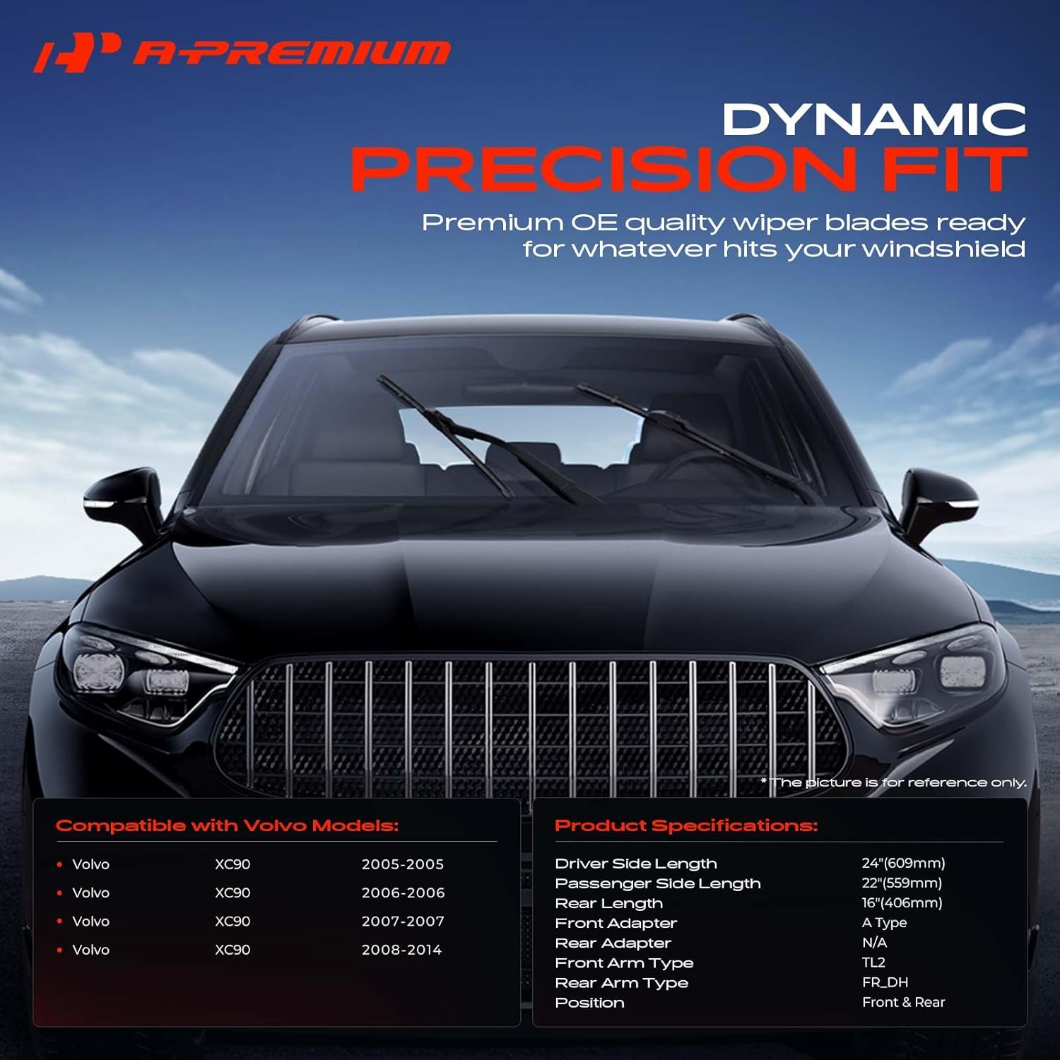 A-Premium APWB776 24"/22"/16" Windshield Wiper Blades Compatible with Volvo XC90 2005-2014 - Front Rear Wipers Blade Set for TL2/FR_DH Arm Connector, with Wear Indicator & Towel (Pack of 3)