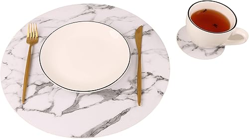 Miniatura 5 de Jovono - Juego de manteles individuales y portavasos redondos 4 manteles y 4 portavasos de piel sintética de doble costura diámetro de mantel de 13