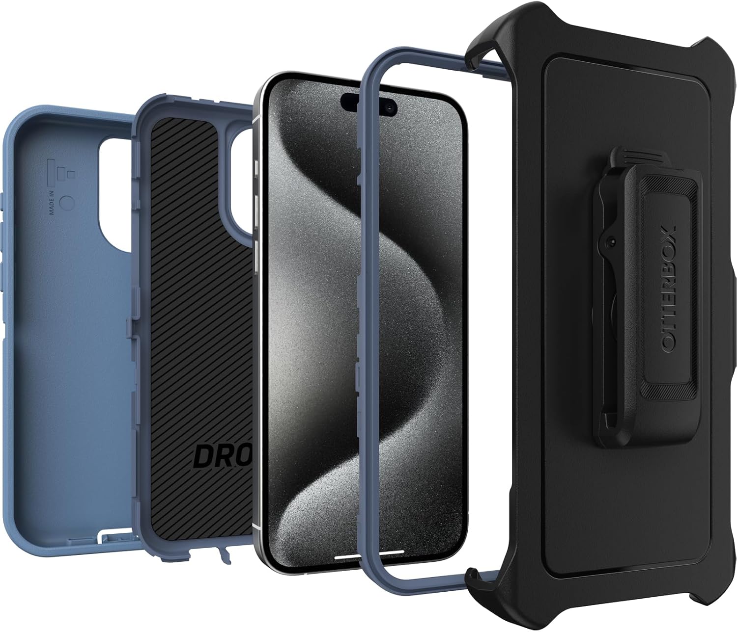 OtterBox iPhone 15 Pro MAX (Only) Defender Series Case - Baby Blue Jeans (Blue), screenless, Rugged & Durable, with Port Protection, Includes Holster Clip Kickstand | Only, screenless, Rugged, Durable, with Port Protection