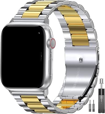 EPULY Compatible with Apple Watch Band 42mm 44mm 45mm 38mm 40mm 41mm, Business Stainless Steel Metal Wristband for iWatch SE Series 7 6 5 4 3 2 1 for Men Women Silver+Gold, 45mm 44mm 42mm