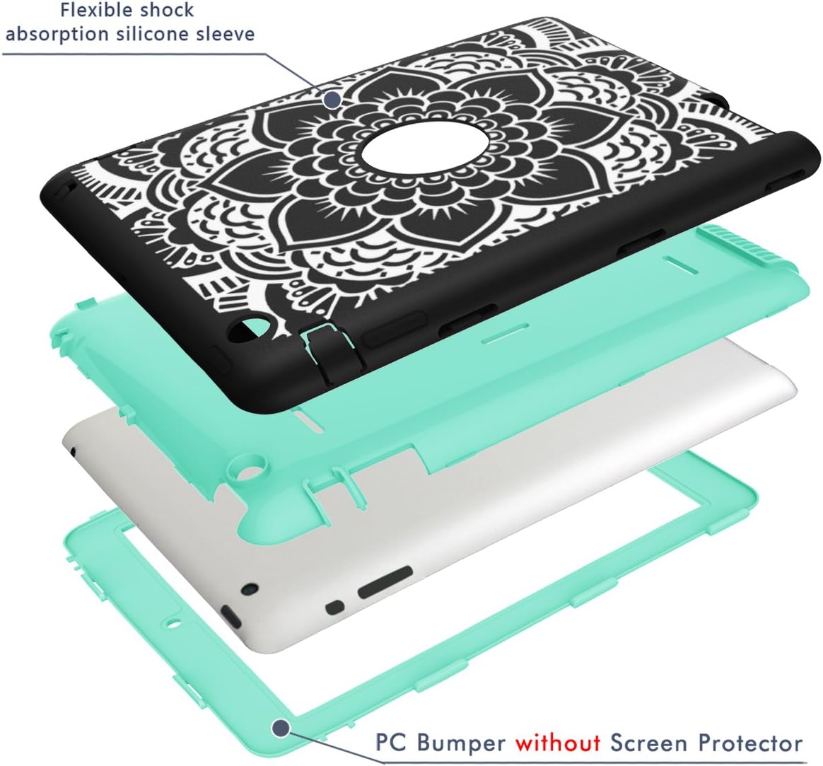Hocase iPad 2/3/4 Case, Shockproof Heavy Duty Protection Silicone Rubber+Hard Plastic Hybrid Dual Layer Slim Protective Case for iPad 2nd/3rd/4th Generation (9.7-inch) - Black Mandala Flowers