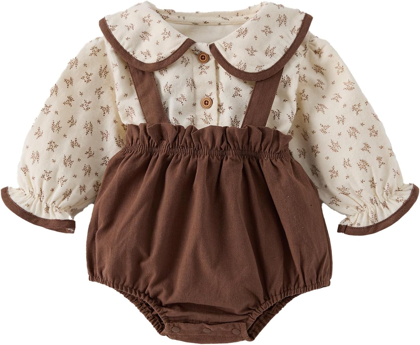 2-Piece Baby Girl Outfit - Long-Sleeve Peter Pan Collar Top & Suspender Romper for Outdoor Wear