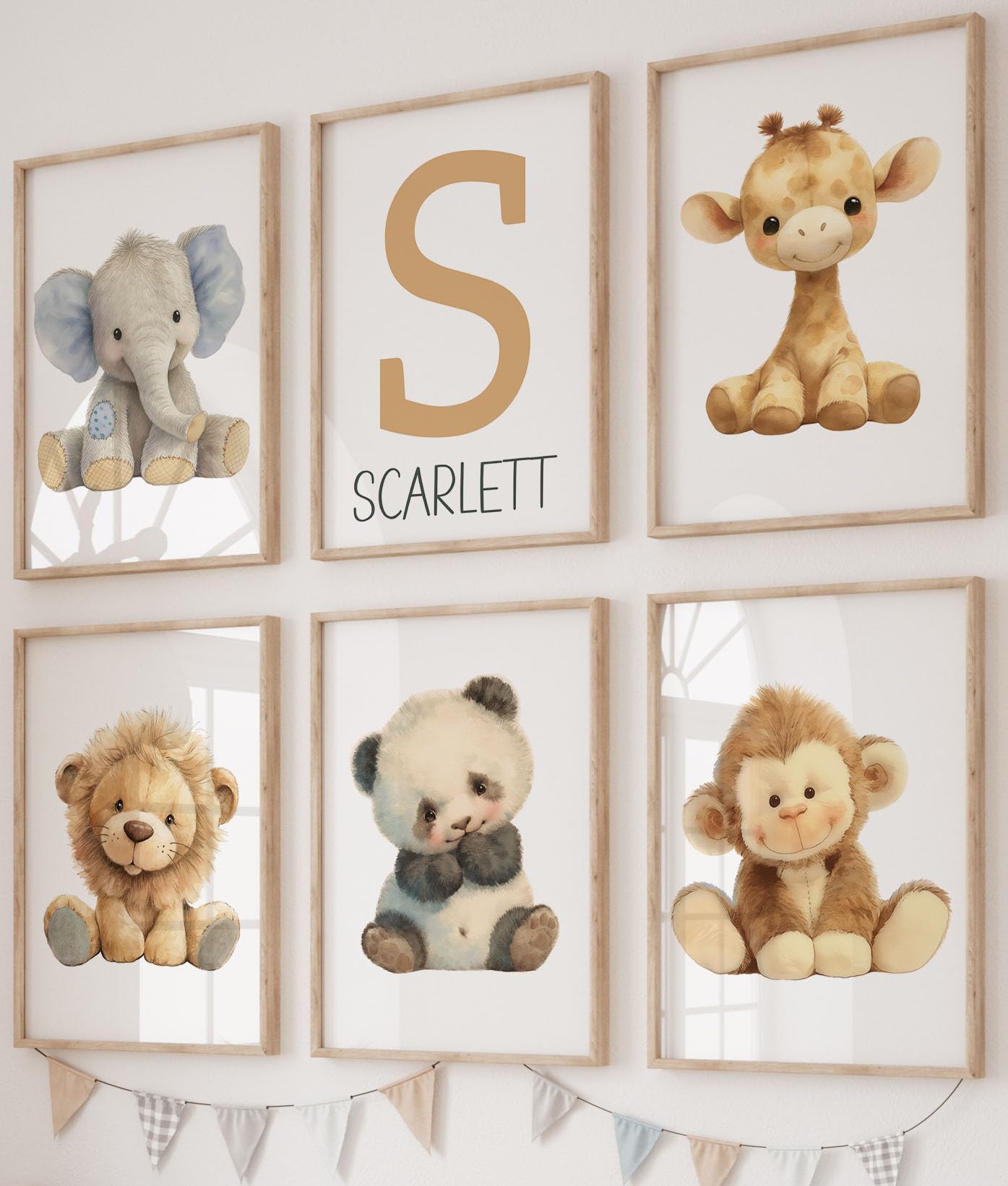 Eviepops Prints Baby Safari Animals set of 6 Unframed Poster Prints for Baby Girl Boy Nursery Bedroom, Personalise Name Grey or Brown, Teddy Bear Style, Jungle Theme Wall Art, 8 Animals (A5) — image 1