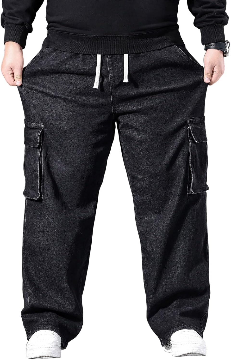 Men's Big and Tall Cargo Jeans Relaxed Fit Stretch Denim Pants Drawstring Waist Baggy Jeans with Pockets 2XL-6XL