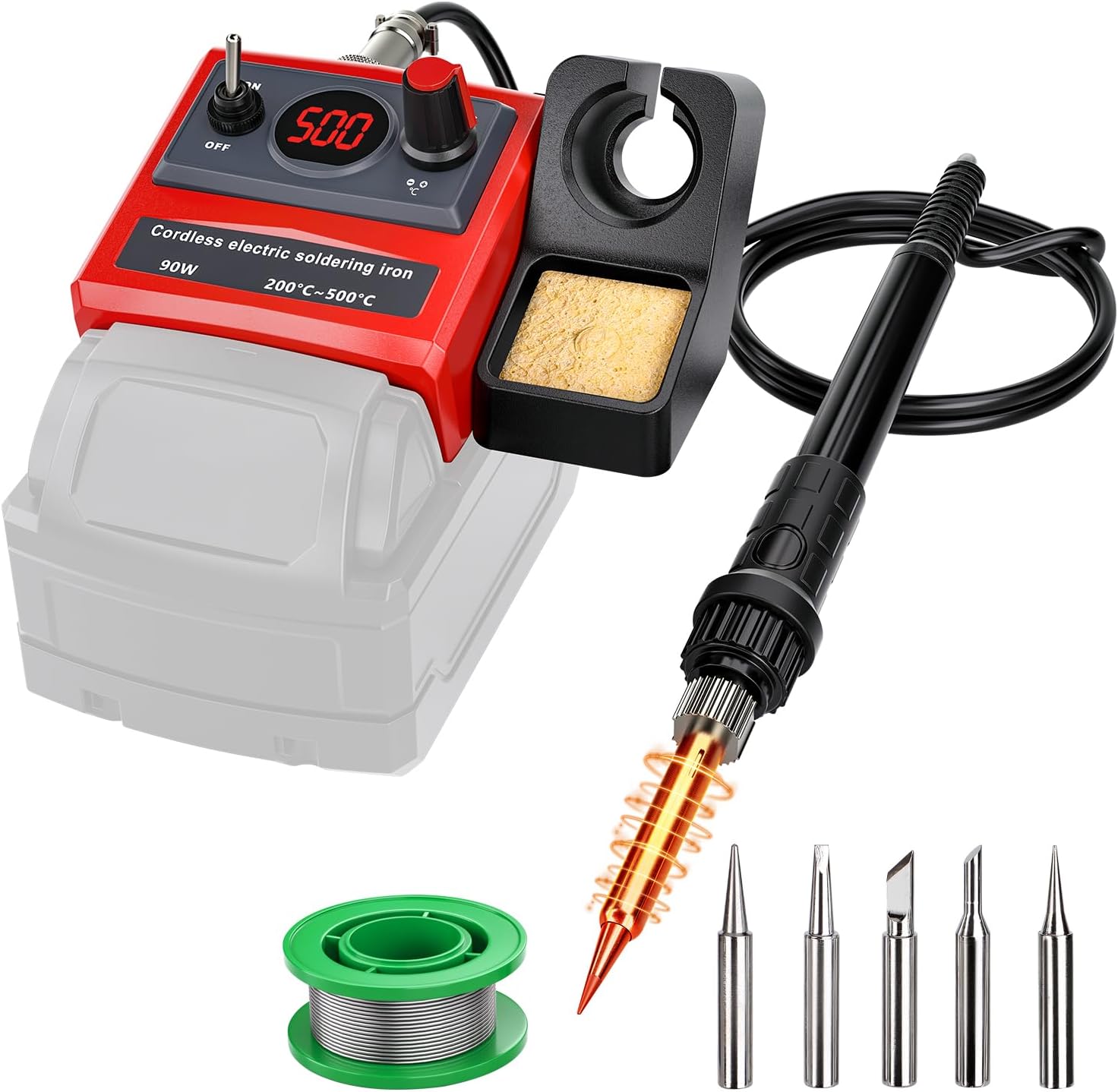 Cordless Soldering Iron for Milwaukee 18V Battery, 90W Soldering Station Kit with 5 Tips, 200-500°C Fast-Heating Soldering Station for Electronics Repair, DIY Soldering. (Tool Only)