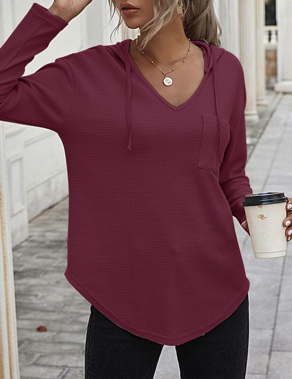 Cuptacc Felpa Donna con Cappuccio 2024 Maglione Scollo A V Autunno Maglia Manica Lunga Camicia Elegante