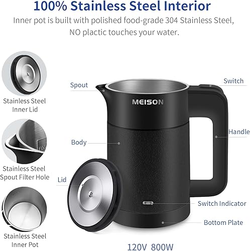 Miniatura 2 de Hervidores eléctricos pequeños de acero inoxidable de 0.6 L, mini calentador de caldera de agua caliente de viaje, tetera portátil de doble pared