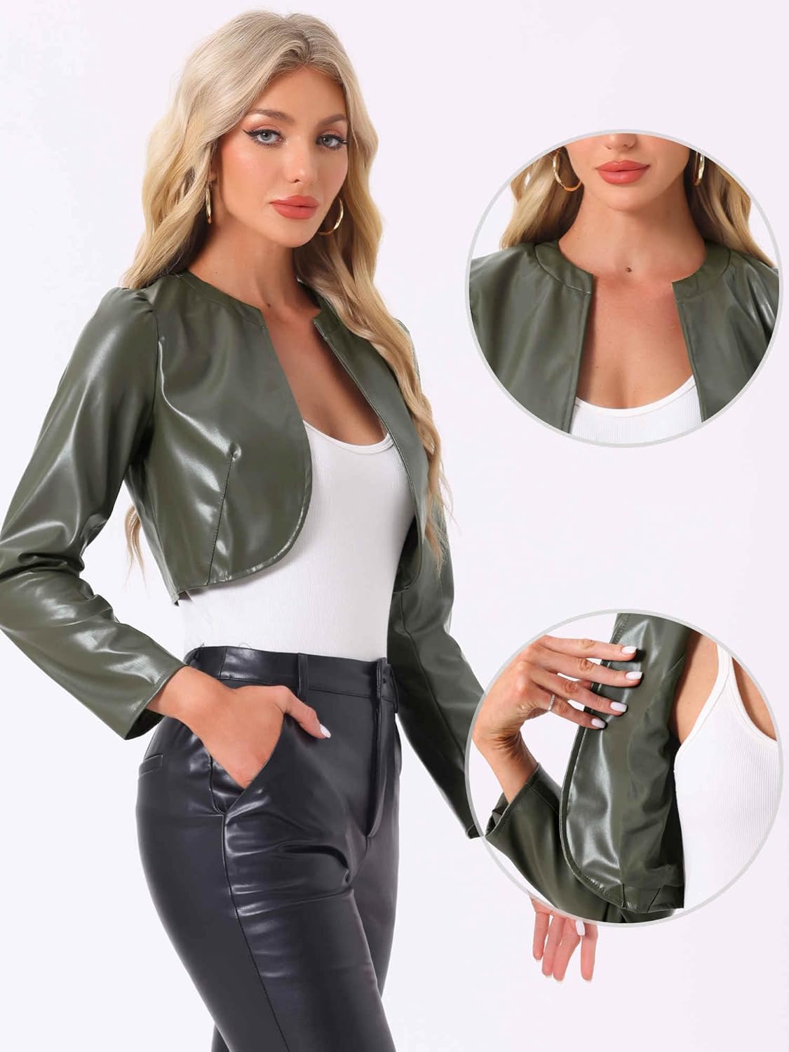 Allegra K Faux Leather Jacket for Women's Open Front Long Sleeve PU Cropped Leather Jacket Coat - Image 3