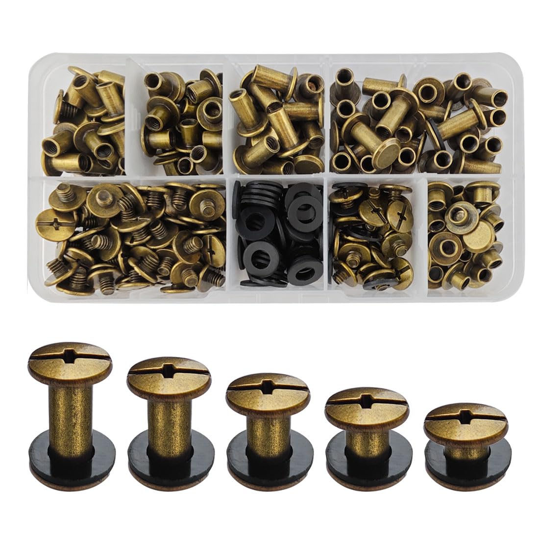 SHSMPXOY 100 Sets Chicago Screws M5*4/6/8/10/12mm Chicago Book Binding Screws Rivets for Leather Metal Rivet Replacement Repair for DIY Book Scrapbook Bookbinding Bags,Collars(Bronze)