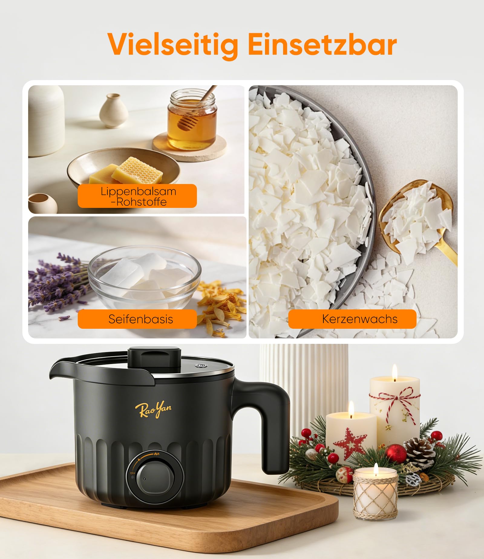 RAOYAN Wachsschmelzer mit Ausgießer 1,5L – Kerzen selber machen Set für Anfänger & Erwachsene, inkl. Wachsschmelztopf, Rührlöffel, Thermometer, Dochte, Aufkleber & Zentriervorrichtung - Schwarz