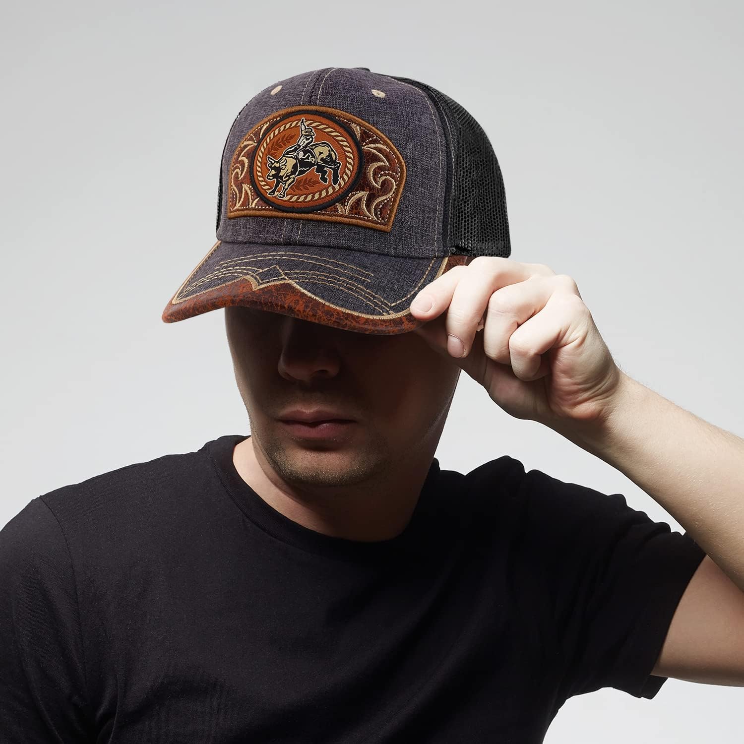 Trendy Apparel Shop Rodeo Leather Patch Trucker Snapback Ball Cap - Image 4