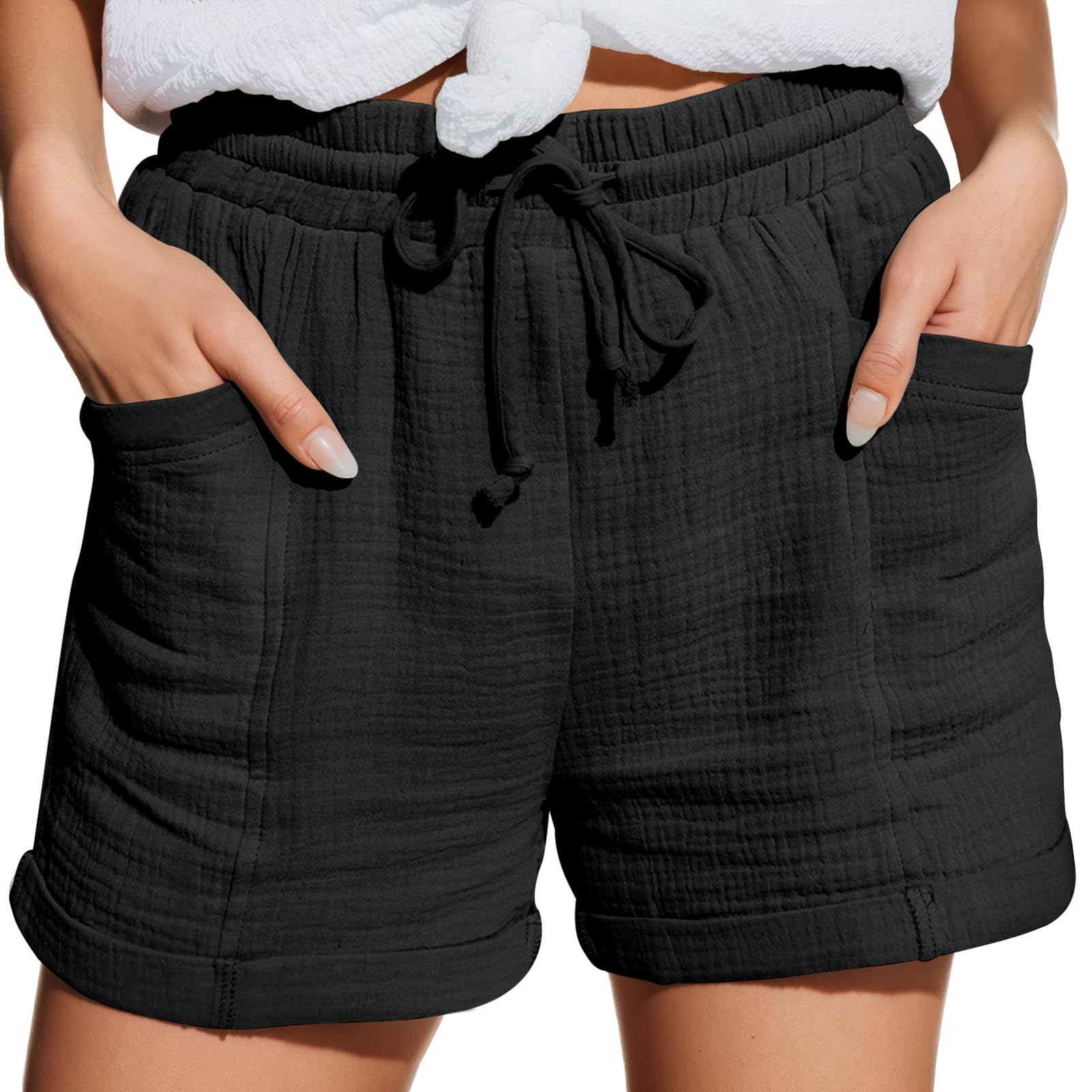 Musselin Kurze Hose Damen Sommer Leinen Shorts Damen Baumwolle Weite Kurze Hosen mit Taschen Lässige Stoffhose mit Kordelzug Leinenhose