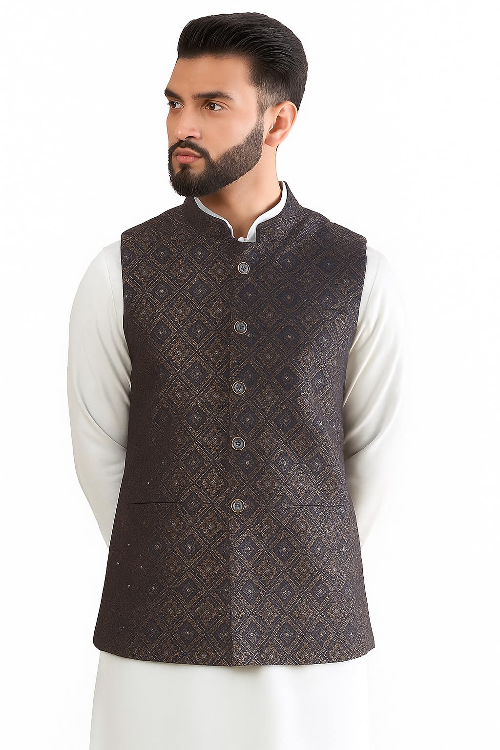 Mens Woven Design Mandarin Collar Nehru Jackets | Sleeveless Jacket | Ethnic Wear-image-11