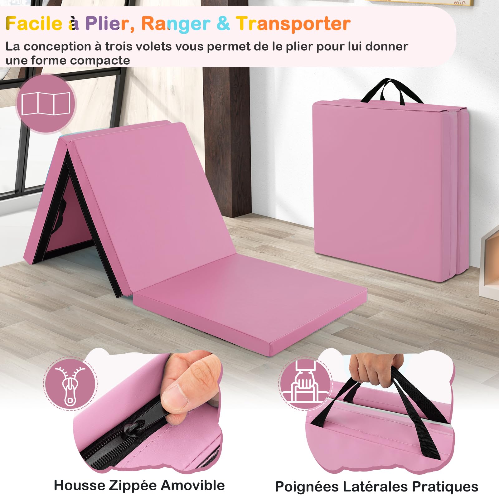 GOPLUS Tapis de Gymnastique Epais Pliable, 180x60x5 CM, 3 Plis&Poignée de Transporter, Tapis Gym avec Surface en Pu, Crochet et Fermeture Auto-agrippante Combinaisonable, Idéal pour Enfant, Adulte