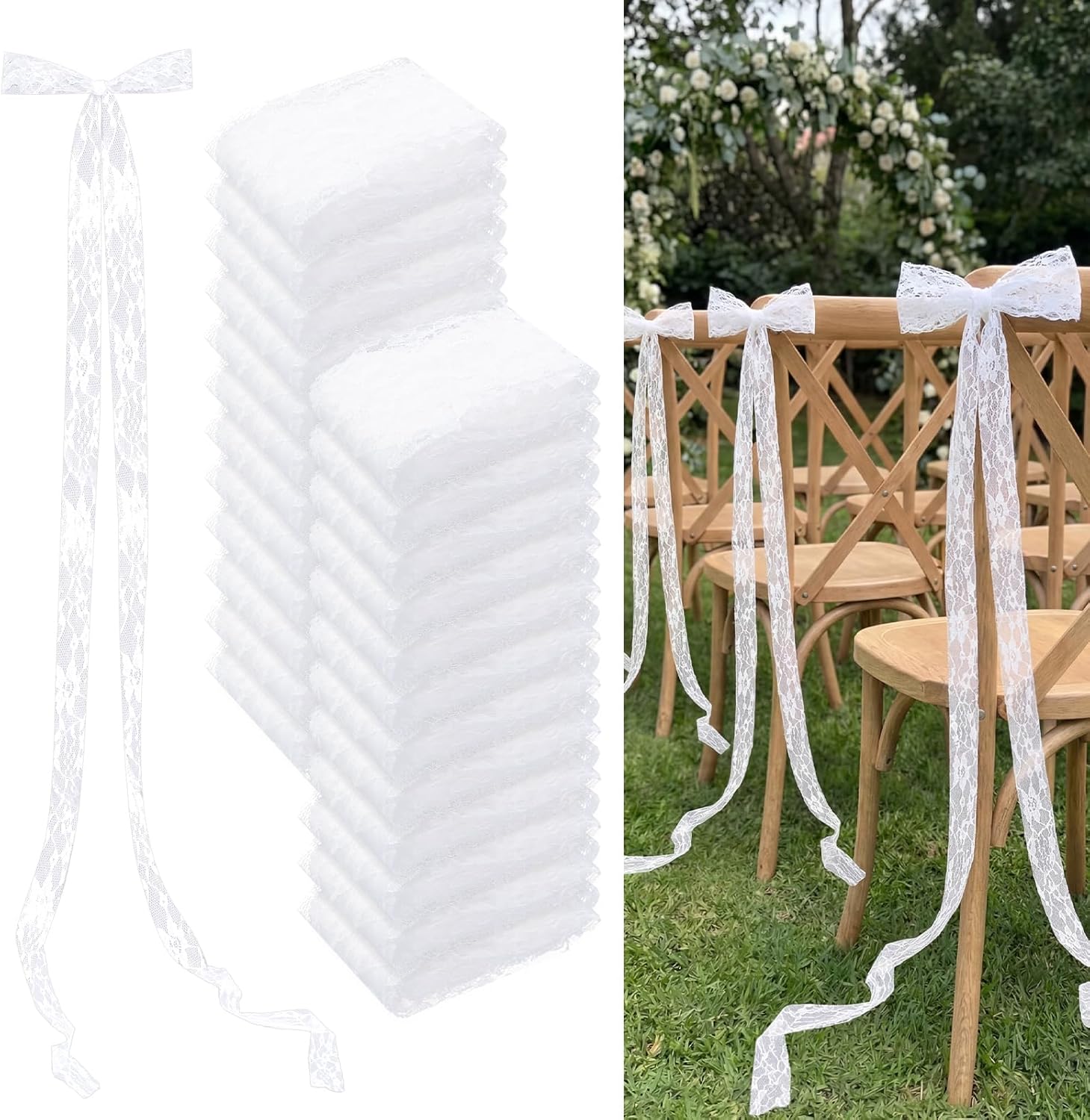 48 Pcs Lace Chair Sashes for Wedding Aisle Decorations Chair Bow Ribbons for Wedding Ceremony Bridal Shower Baby Shower Reception Party Banquet Ceremony Church Pew Decors (White)