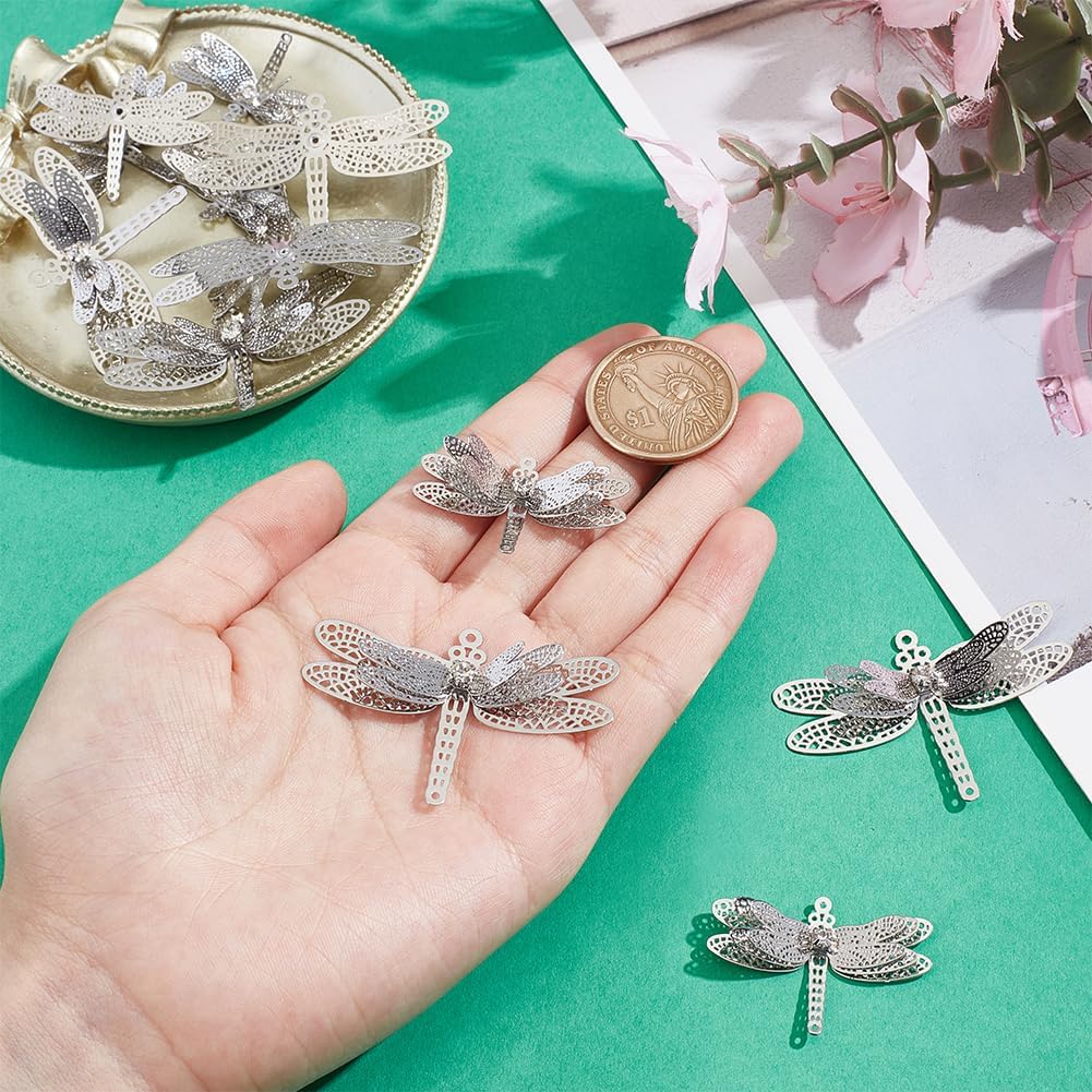 NBEADS 12Pcs 2 Styles Dragonfly Hanging Suncatcher, Brass Filigree Beads with Crystal Rhinestone Hanging Window Pendant for Window Wedding Garden Decor Jewelry Making, Platinum - Image 3