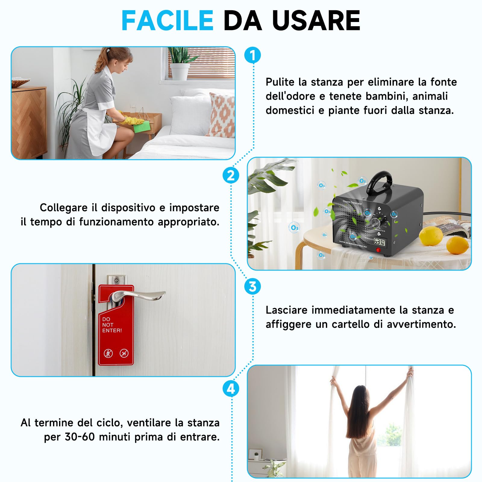 Generatore di Ozono 60000mg/h, Purificatore d'Aria Ozono con 120 Min Timer, Temperatura, Display di Umidità, Ozonizzatore per Auto, Casa, Ambiente, Fumo, Odori di Animali Domestici e Cucina