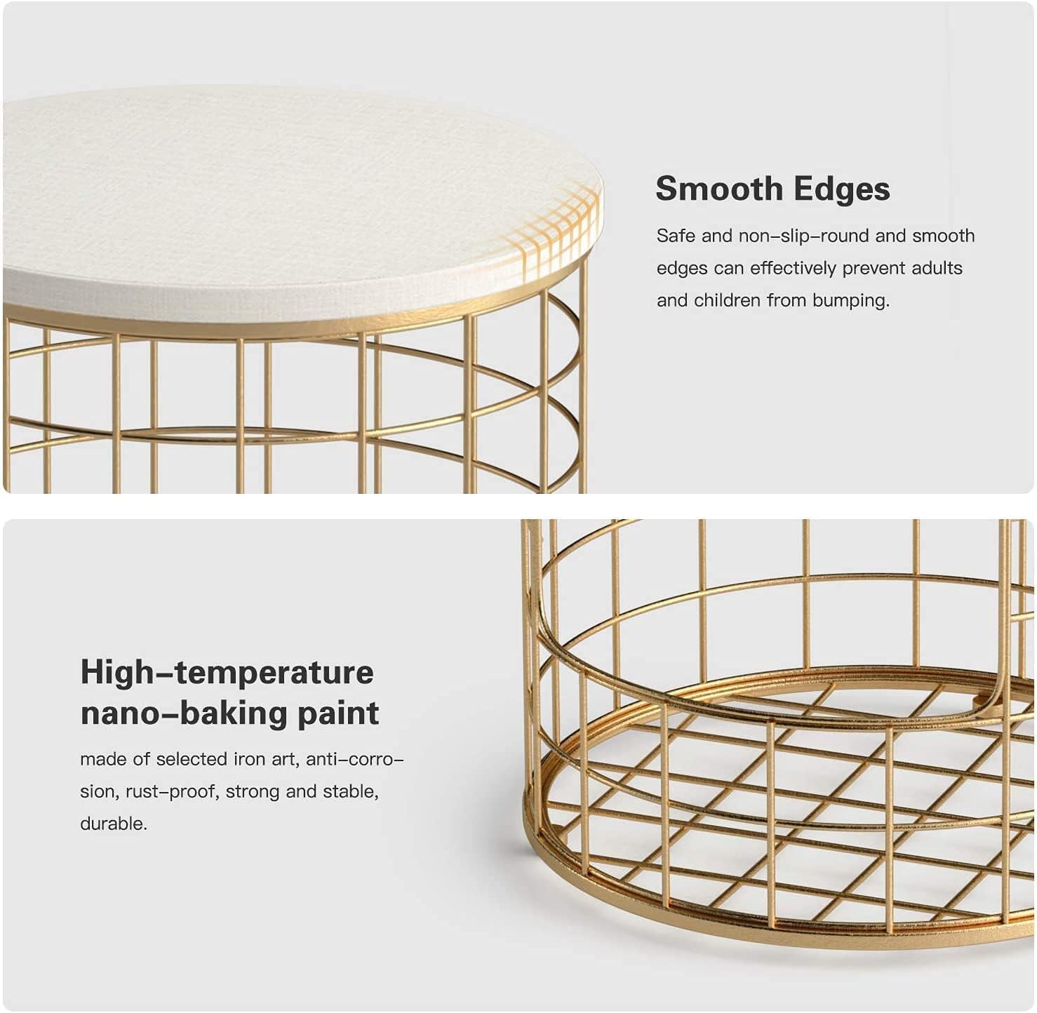 OGFC 28996 Set of 2 Nesting Tables with Golden Metal Frame Living Room, Round Nest of Table with Side Opening Storage for Blankets, Toys Tidy. High Gloss Sofa Side End Coffee Table - Golden 4
