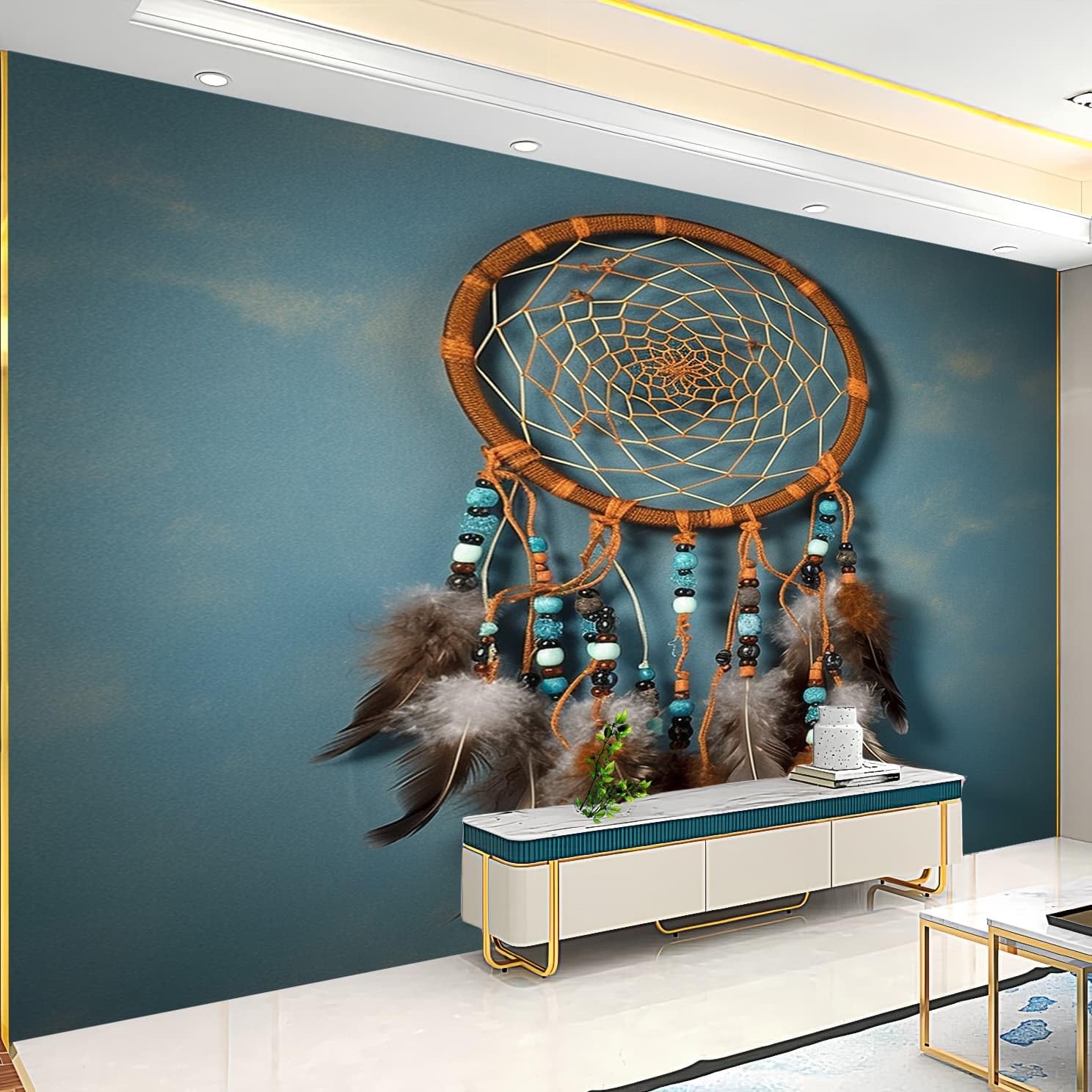 Wand Art Dekoration Fototapete TraumfäNger BohèMe Stil Federn Vlies Tapeten XXL Moderne Wandtapete für Wohnzimmer Schlafzimmer Blau Vliestapete Wandtapete 3D Effekt Wandbilder 250x175 cm