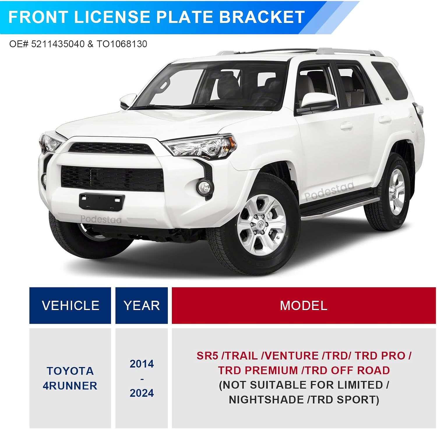 Front License Plate Bracket Holder for Toyota 4Runner 2014-2024 | Fits SR5, Trail, Venture, TRD Off-Road & TRD Pro, SUV Bumper Mount Frame | Replaces OEM# 5211435040 & TO1068130