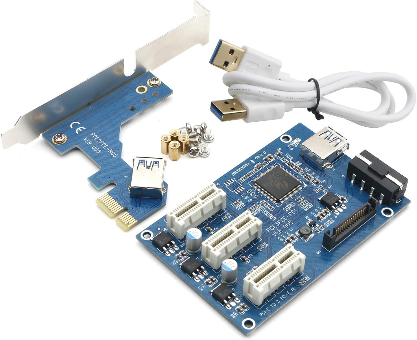 JIUWU PCI-e Express 1X to 3 Port 1X Switch Multiplier HUB Riser Card + USB Cable