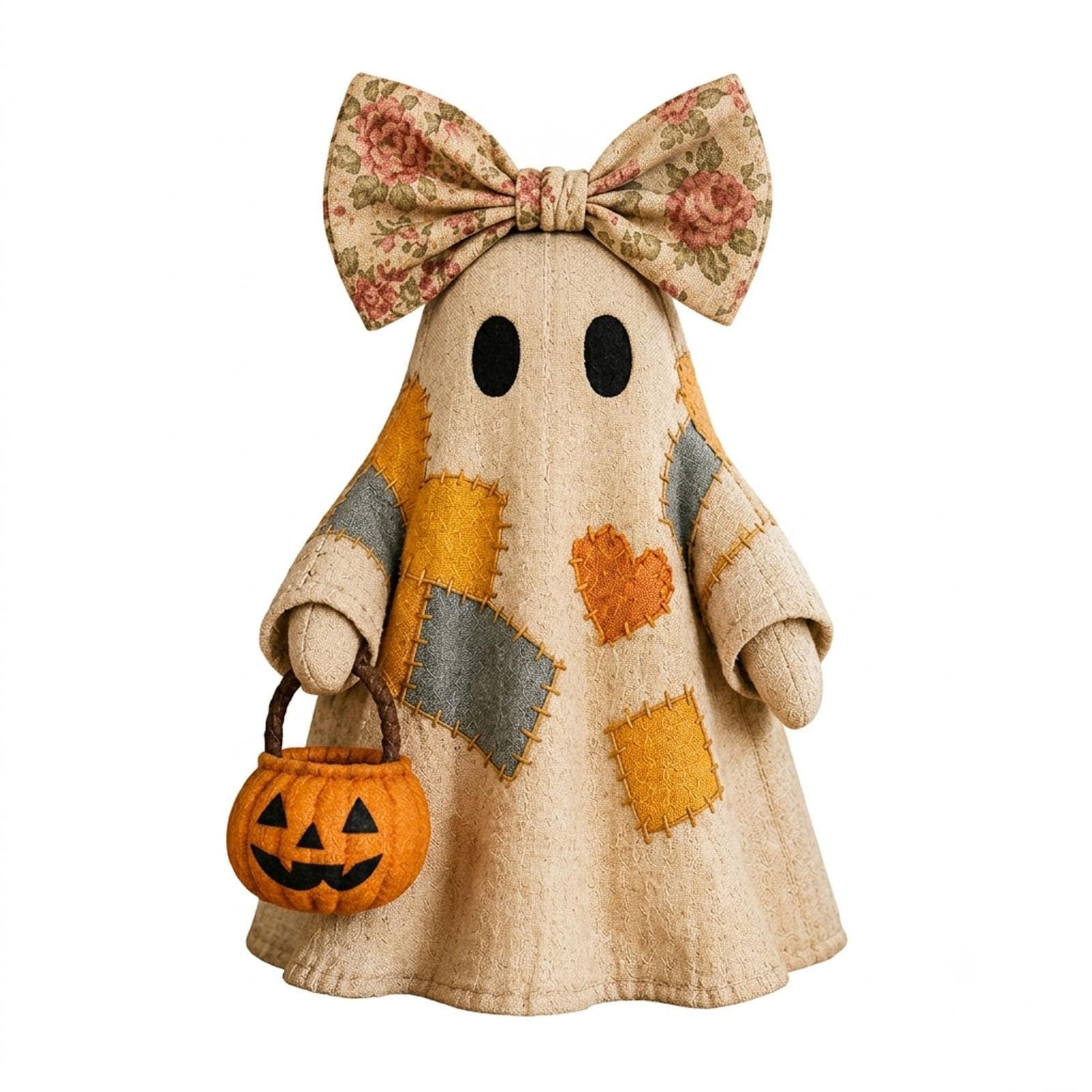 Patchwork Ghost Halloween Decor Battery Operated Retro Spooky Ghost Desktop Lamp Lighted Ghost Table Ornament for Home Office Party & Indoor Use (A)