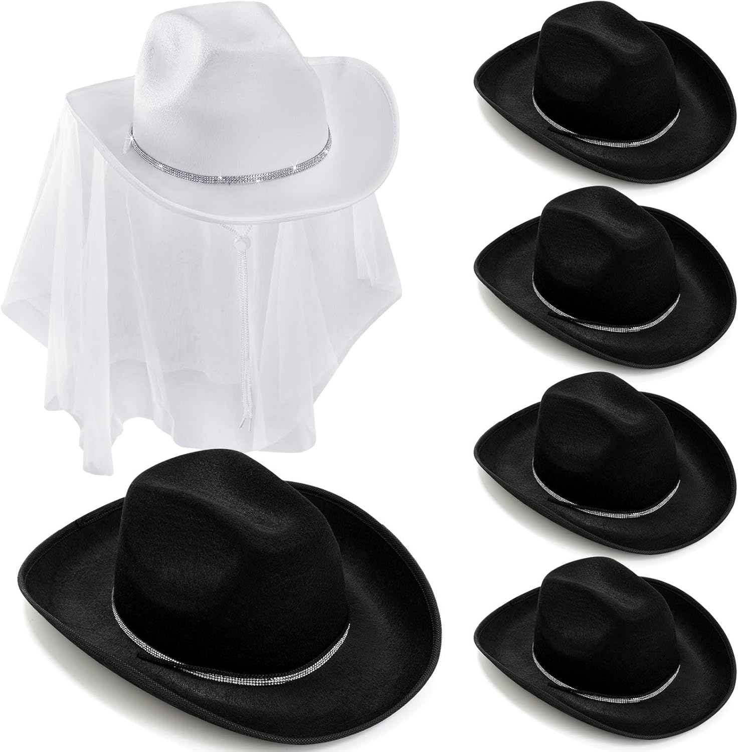Hicarer 6 Pack Women Cowgirl Cowboy Hats Western Rhinestone Hat for Bachelorette Bridal Shower Wedding Party Dress up