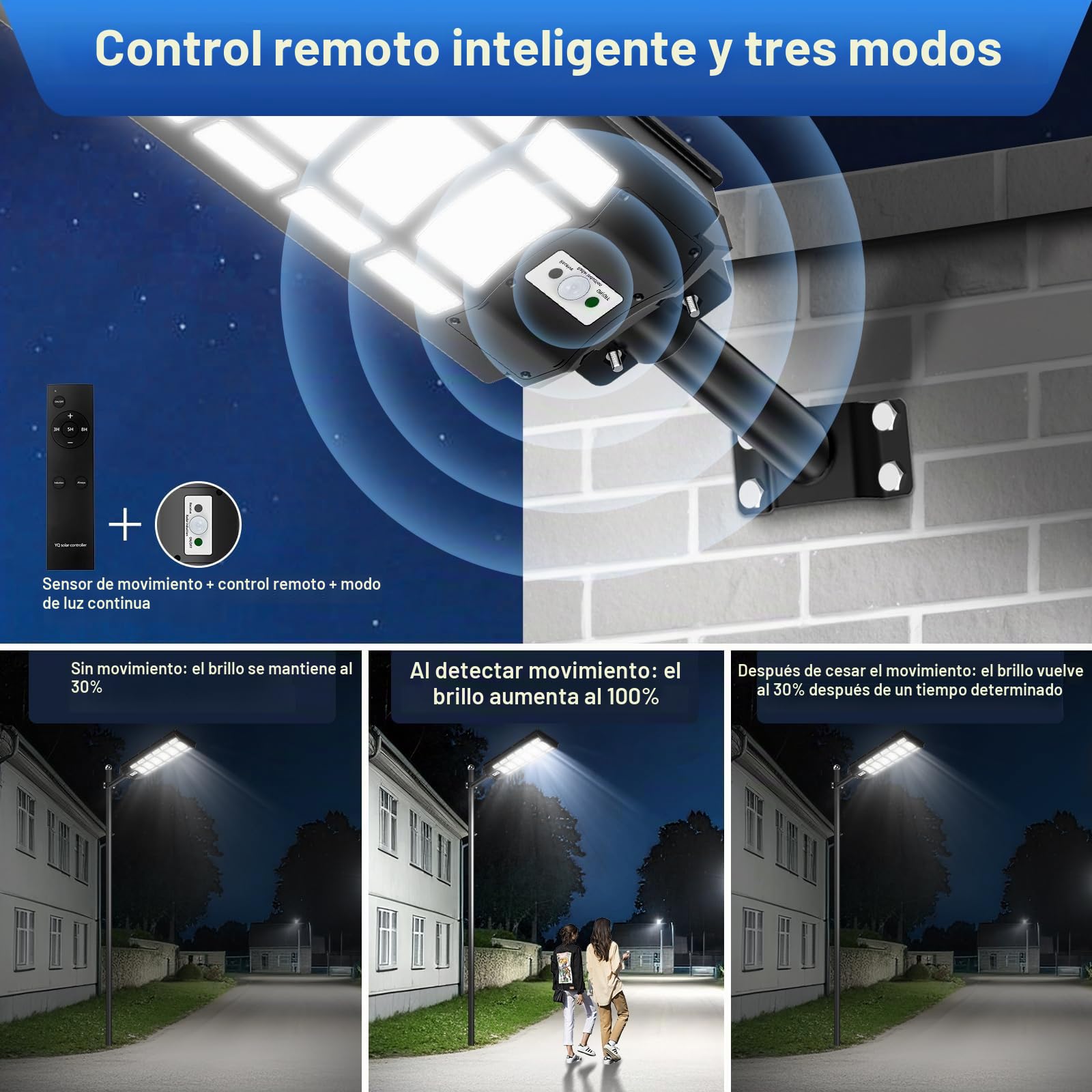 Viugreum 2000W LED Farolas Lámpara Solar Exterior con Mando a Distancia, 6500K Foco Solar Exterior con Detector, 66cm Panel Solar IP65 Impermeable LED Farola Solar para Jardín, Patio y Calle
