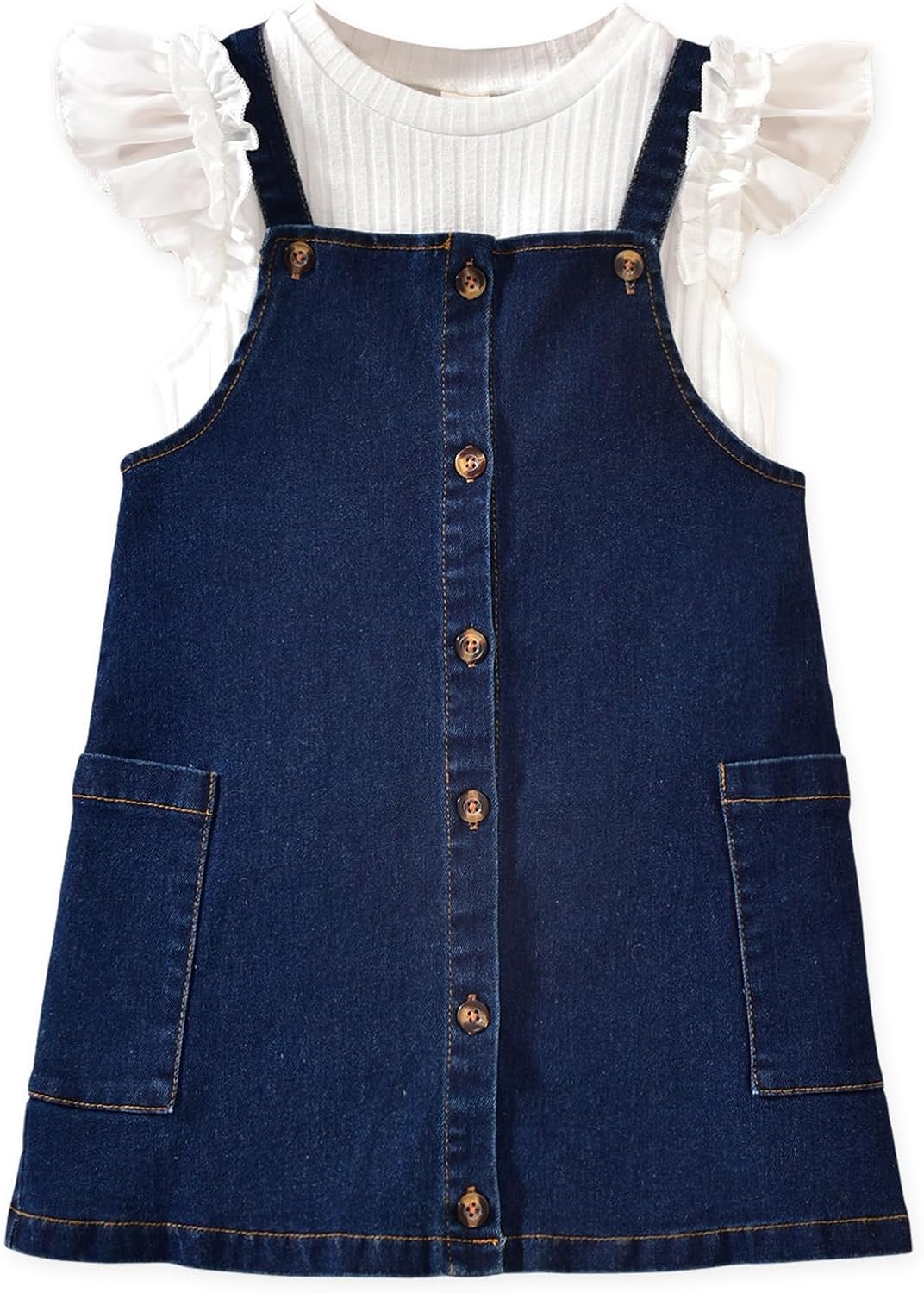 HINTINA Toddler Girl 2 Pieces Outfits Butterfly Sleeve T-shirt and Denim Overall Dress