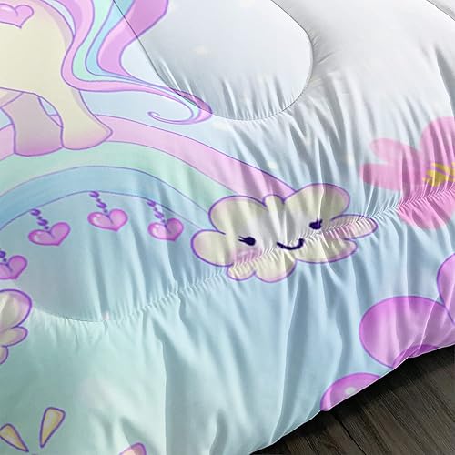 Miniatura 4 de Juego de edredón de unicornio para niños, tamaño individual, 3 piezas, diseño de nube blanca, estrellas, amor, corazón, juego de ropa de cama para