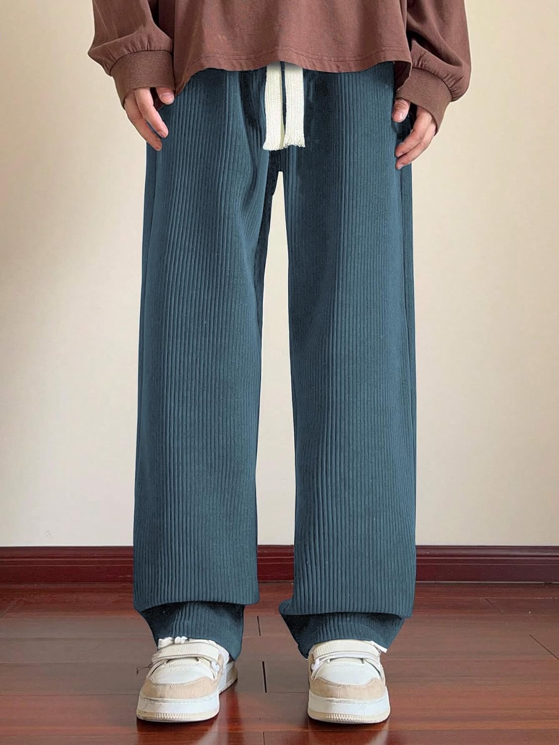 ZAFUL Mens Corduroy Pants Straight Leg Drawstring Elastic Waist Casual Pants Lounge Baggy Trousers with Pockets - Image 2