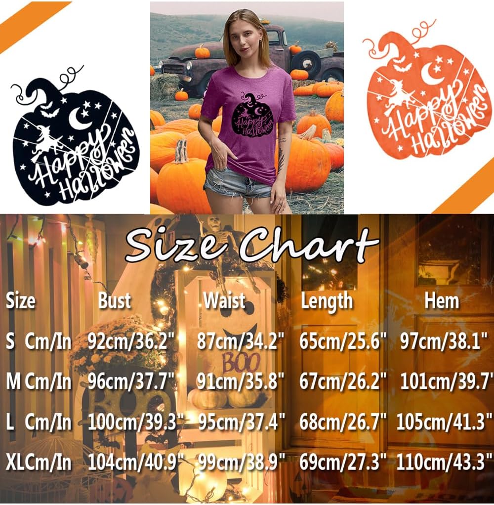 Women's Pumpkin Graphic Shirt Cute Happy Halloween Letter Print Tee Novelty Athletic Short Sleeve Tops - Image 7