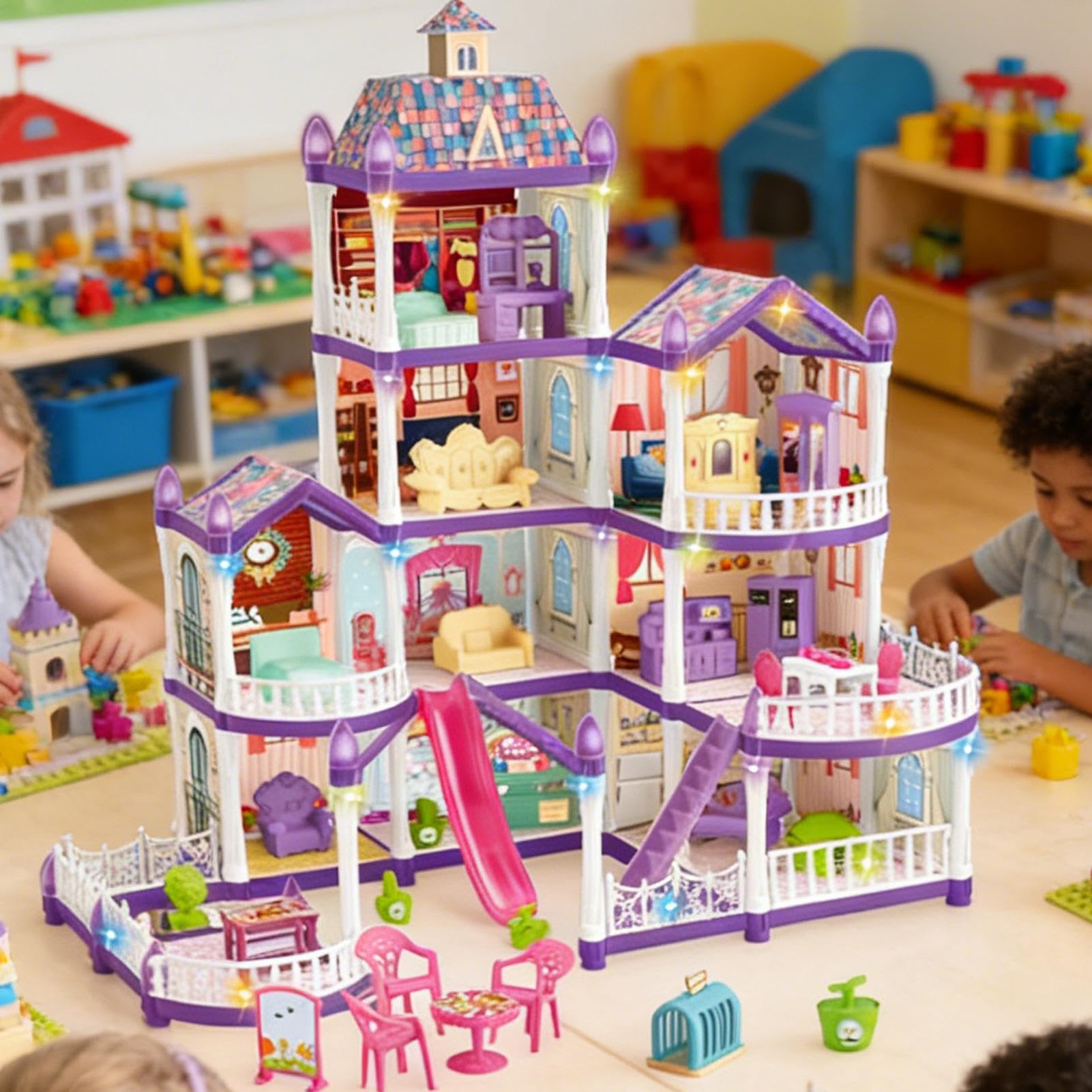 Domek dla Lalek Dziewczęcy 4 Poziomy 13 Pomieszczeń Miniaturowa Willa Do | 3 Księżniczki, 2 Szczeniaki, Meble i Akcesoria Zestaw Domku do Zabawy Dla Dziewczynek 4-6 Lat w Dom