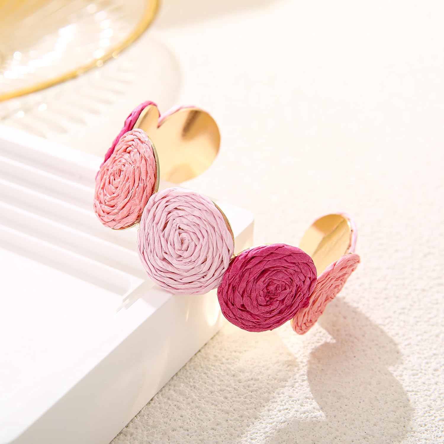 Raffia Multiple Circles Cuff Bracelet for Women, Handmade Colorful Round Bangle Geometric Adjustable Statement Bracelet - Image 5