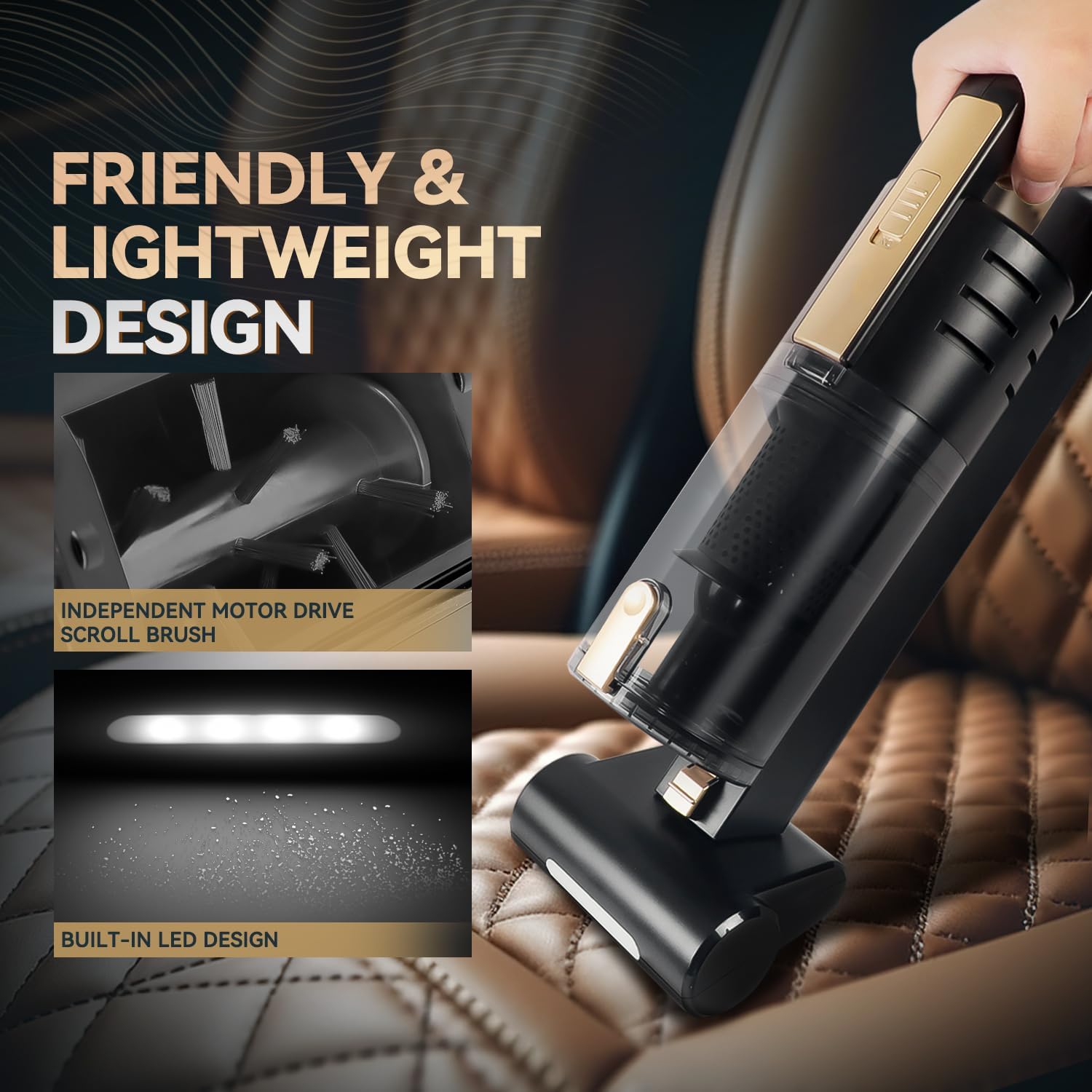 Auto Dynasty Car Vacuum Portable Mini Handheld Cordless Vacuum Cleaner Powerful High-Suction Motorized Brush with LED Light, Black/Gold