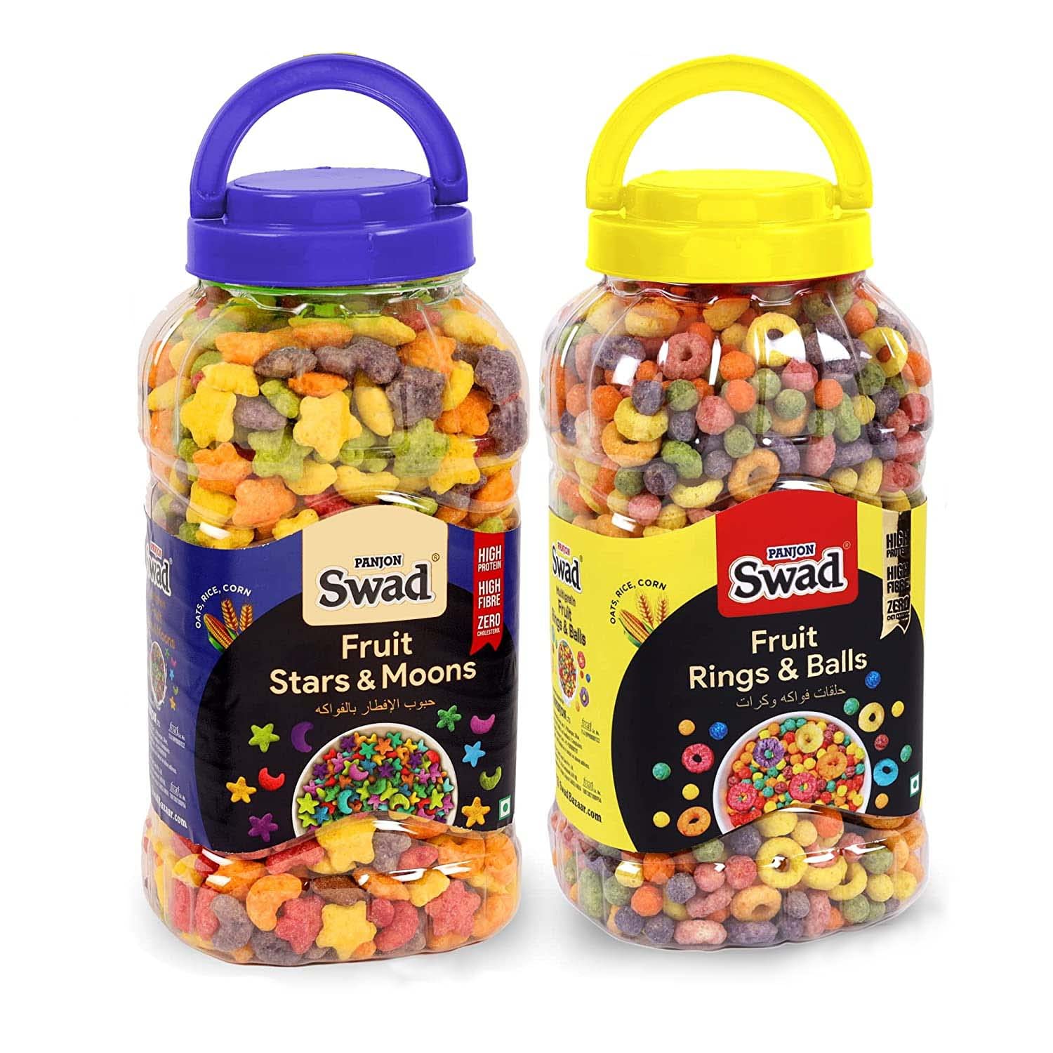 Swad Fruit Stars N Moons & Fruit Rings n Balls (Multigrain Zero Cholesterol Breakfast Cereal) 2 Jars, 635 g