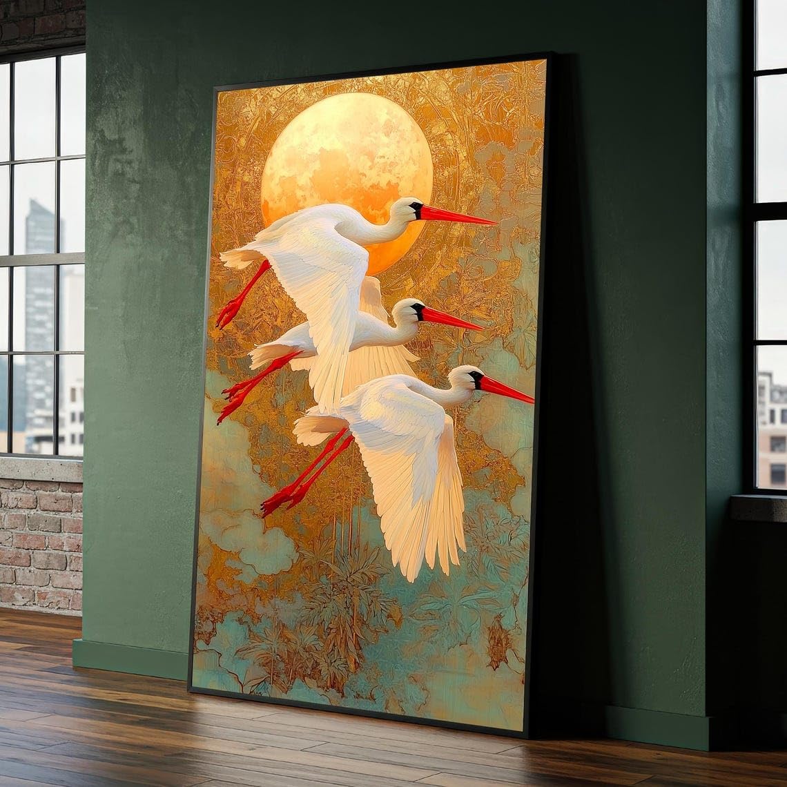 XBTYKPB Golden Crane Canvas Painting – Oriental Bird Canvas Wall Art with Moon, Ready to Hang,Animals Painting Contemporary Decor(21x30cm/Frameless)