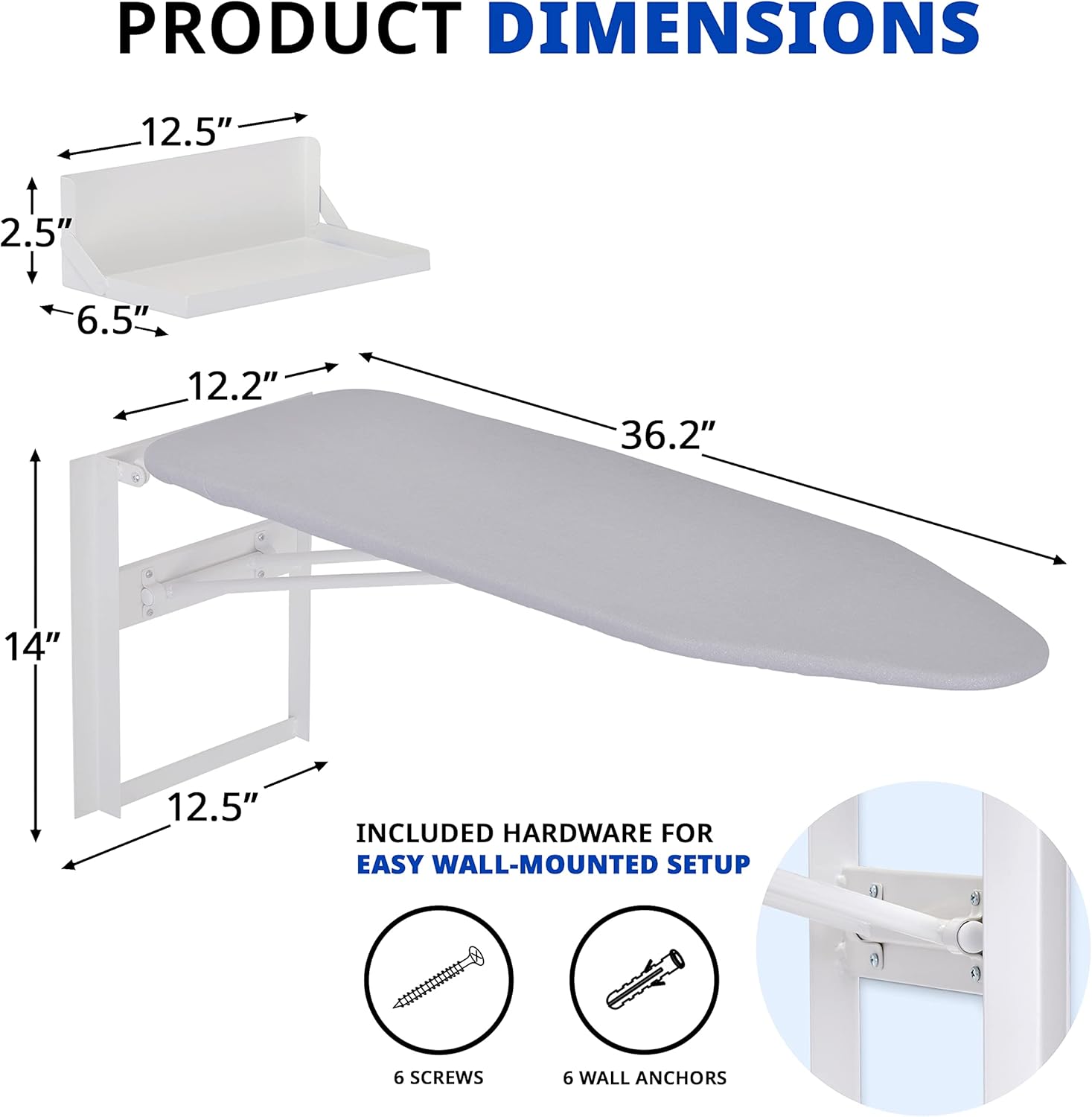 Ivation Wall-Mounted Ironing Board With Storage Shelf, Foldable 36.2” x 12.2”, Fold Down Ironing Station for Home, Apartment &, Easy-Release Lever, Removable Cotton Cover & Dorms, Hardware Included