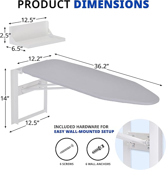 Ivation Wall-Mounted Ironing Board With Storage Shelf, Foldable 36.2 x 12.2, Fold Down Ironing Station for Home, Apartment &, Easy-Release Lever, Removable Cotton Cover & Dorms, Hardware Included
