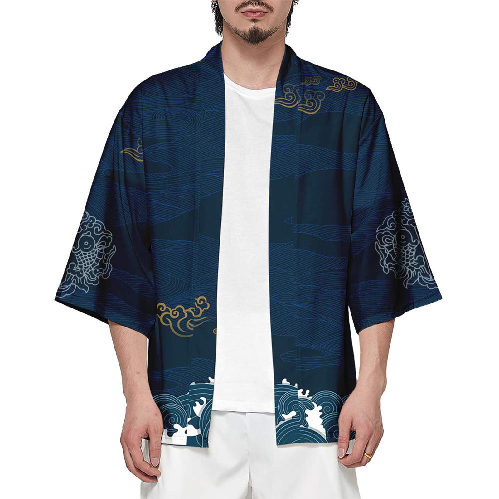 CIZEUR Hombre Hippie Camisa Kimono Japonés Estampado Holgado Manga 3/4