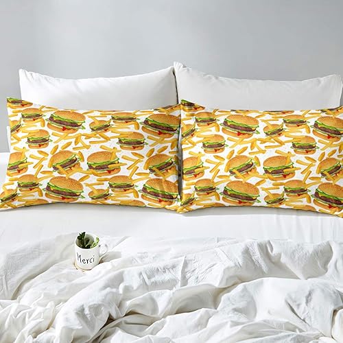 Miniatura 3 de Erosebridal Juego de ropa de cama de hamburguesa de comida rápida, funda de cama con estampado de papas fritas, sábana bajera ajustable de dibujos