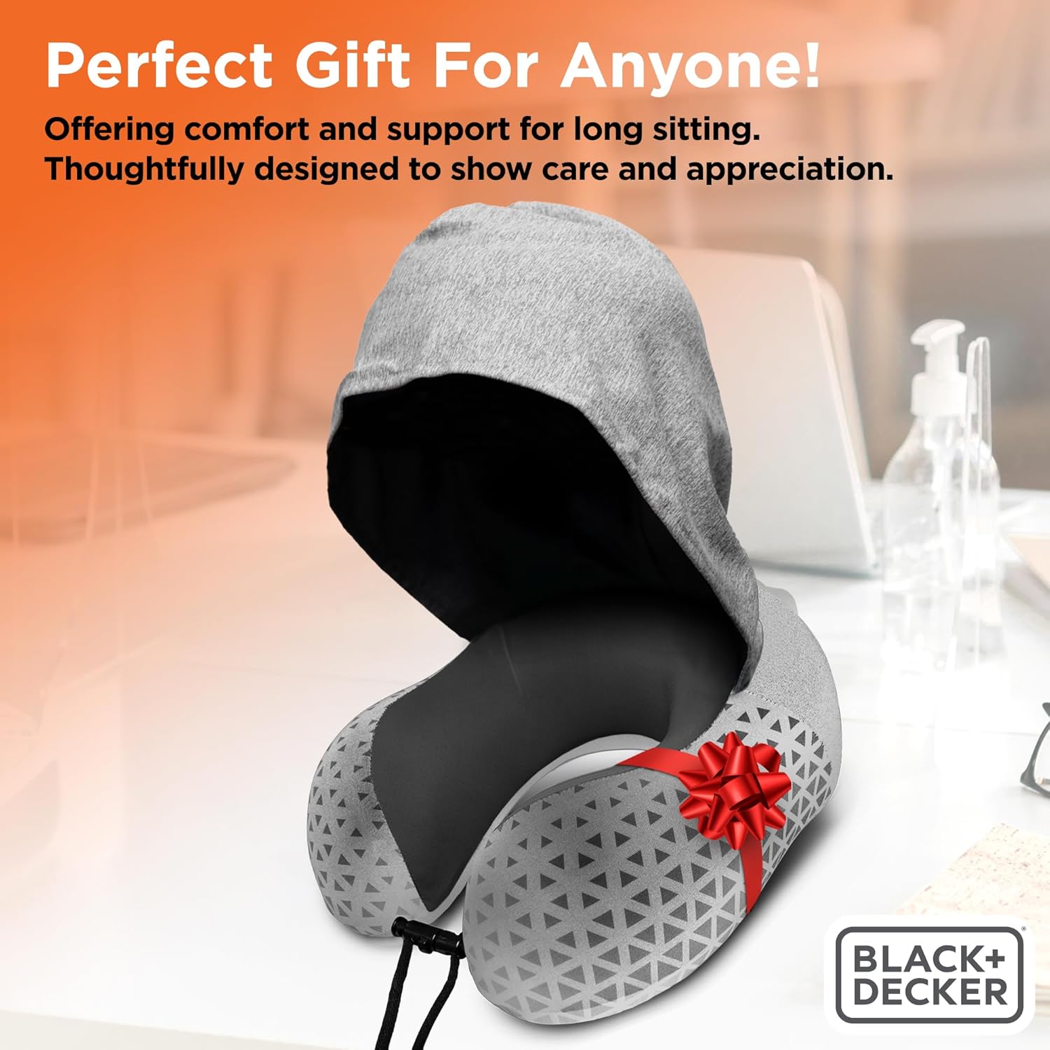 BLACK+DECKER Hooded Memory Foam Neck Pillow Travel Pillow for Airplane, Car & Train Cooling Fabric, Neck Support, Soft Lining, Lightweight & Portable, Ergonomic Design, Black/Grey - Image 7