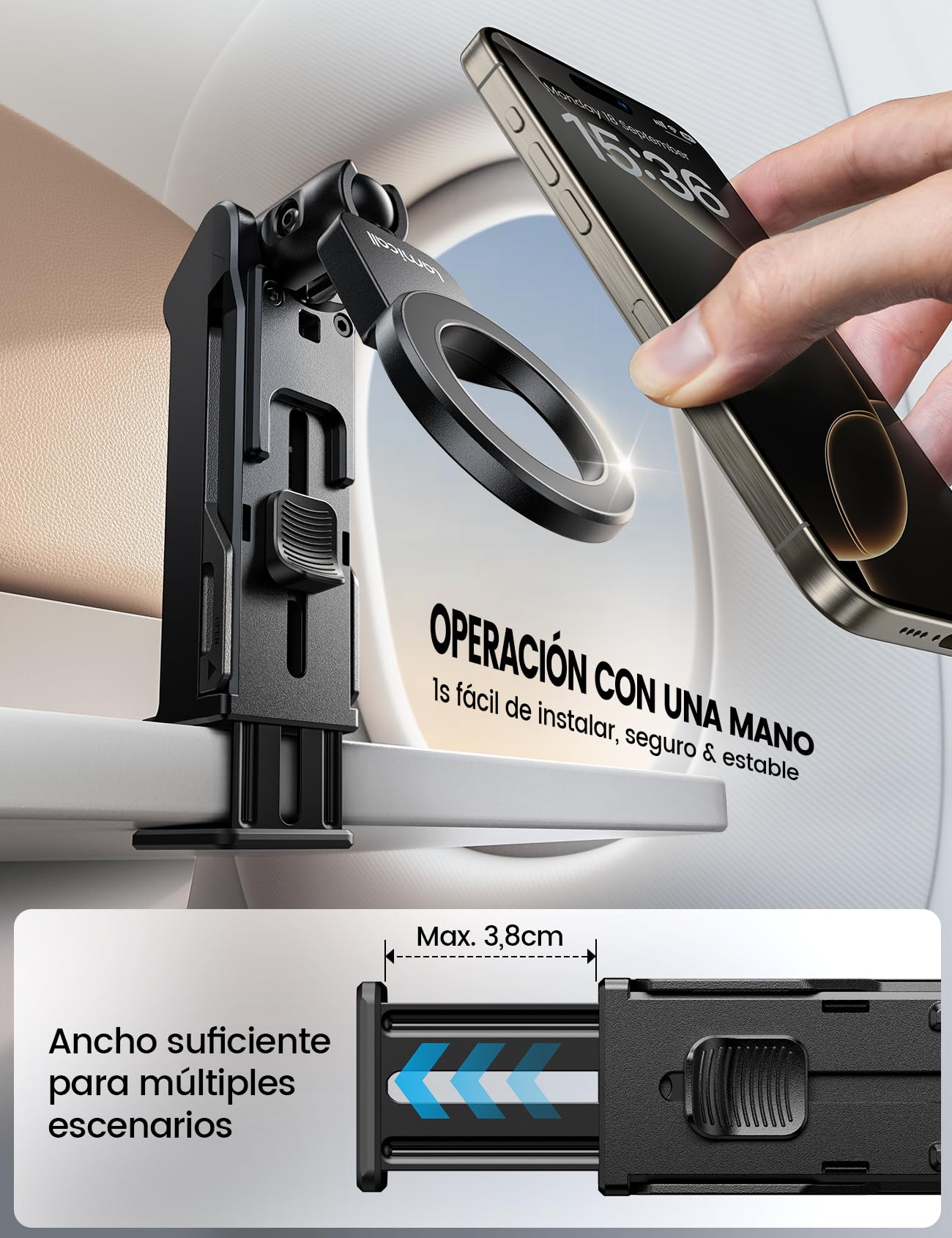 Lamicall Soporte Móvil Mesa de Avión - Soporte Magnético para Teléfono Avión Plegable con Herramientas Ajuste, 360° Rotación, Manos Libres, Apto para iPhone 17/16/15/14 y Otros Smartphones de 4,7-7"