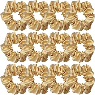 12 Pcs Satin Silk Scrunchies and Hair Accessories - Soft Ties, Fashion Bands, Bows, Ropes, Elastic Bracelets, Ponytail Holders for Women and Girls (4.5 Inch, Dark Gold)
