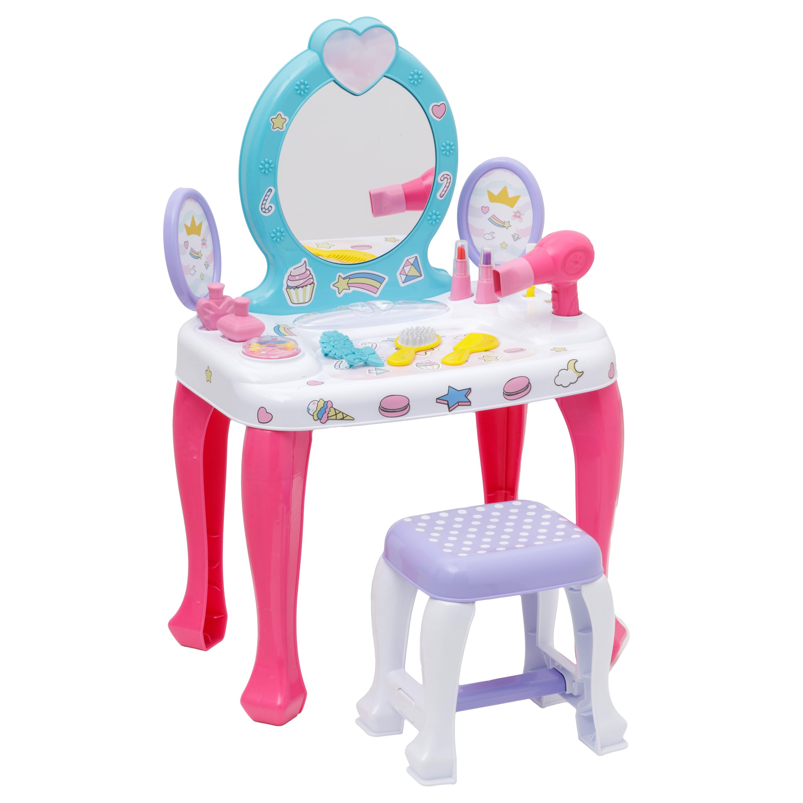Baroni Toys Toeletta Trucco per Bambini con Specchio, Sgabello e 12 Accessori, Consolle Trucco Bambina, Specchiera per Bambine, Gioco di Simulazione per Bambini dai 36 Mesi, 48x32x71 cm, Unicorni