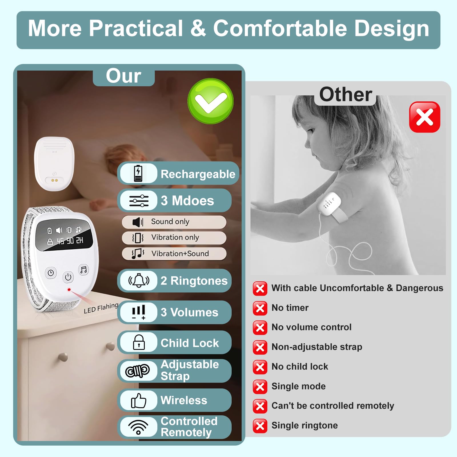 Allarme wireless per bambini con telecomando, 3 modalità di promemoria, 2 suonerie, ricarica USB, timer, allarme per vasino notturno (versione base)