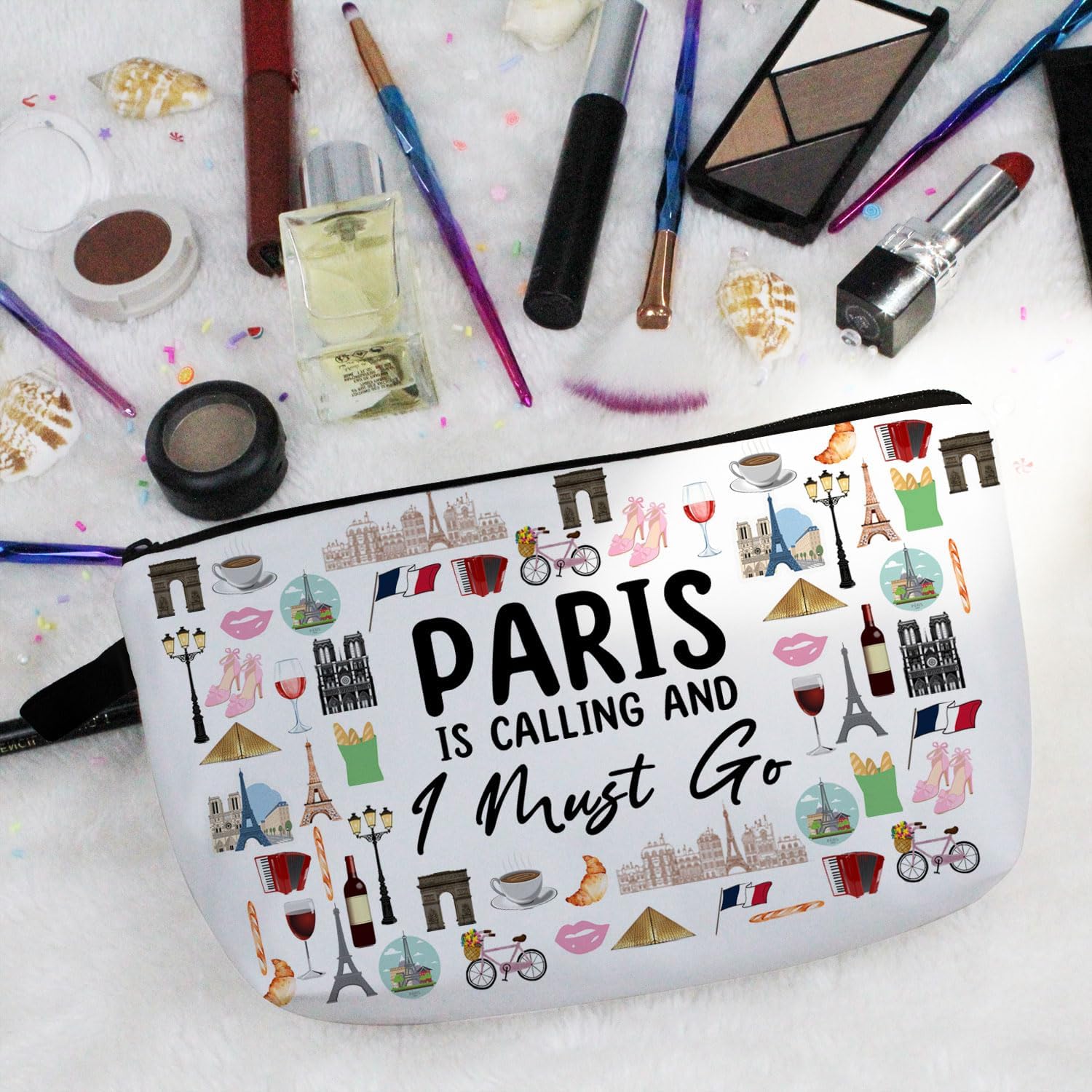 Paris Is Calling Makeup Bag Cute Small Organizer Zipper Pouch Paris Is Calling Cosmetic Bag Travel Present for Women Friends - Image 5
