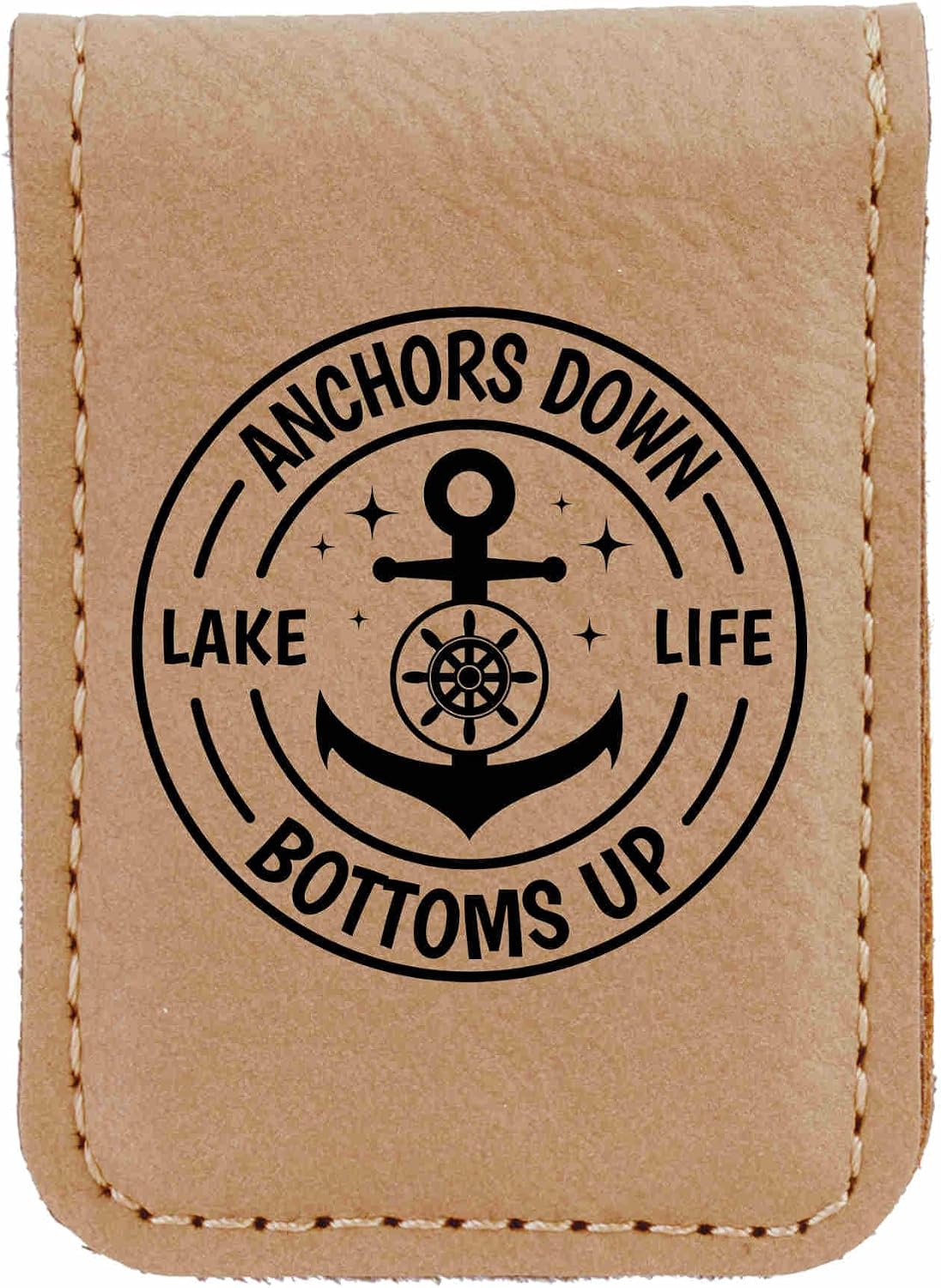 Lake Life Anchors Down Bottoms Up Light Brown Magnetic Leatherette Money Clip - 1.75 x 2.5 Inches