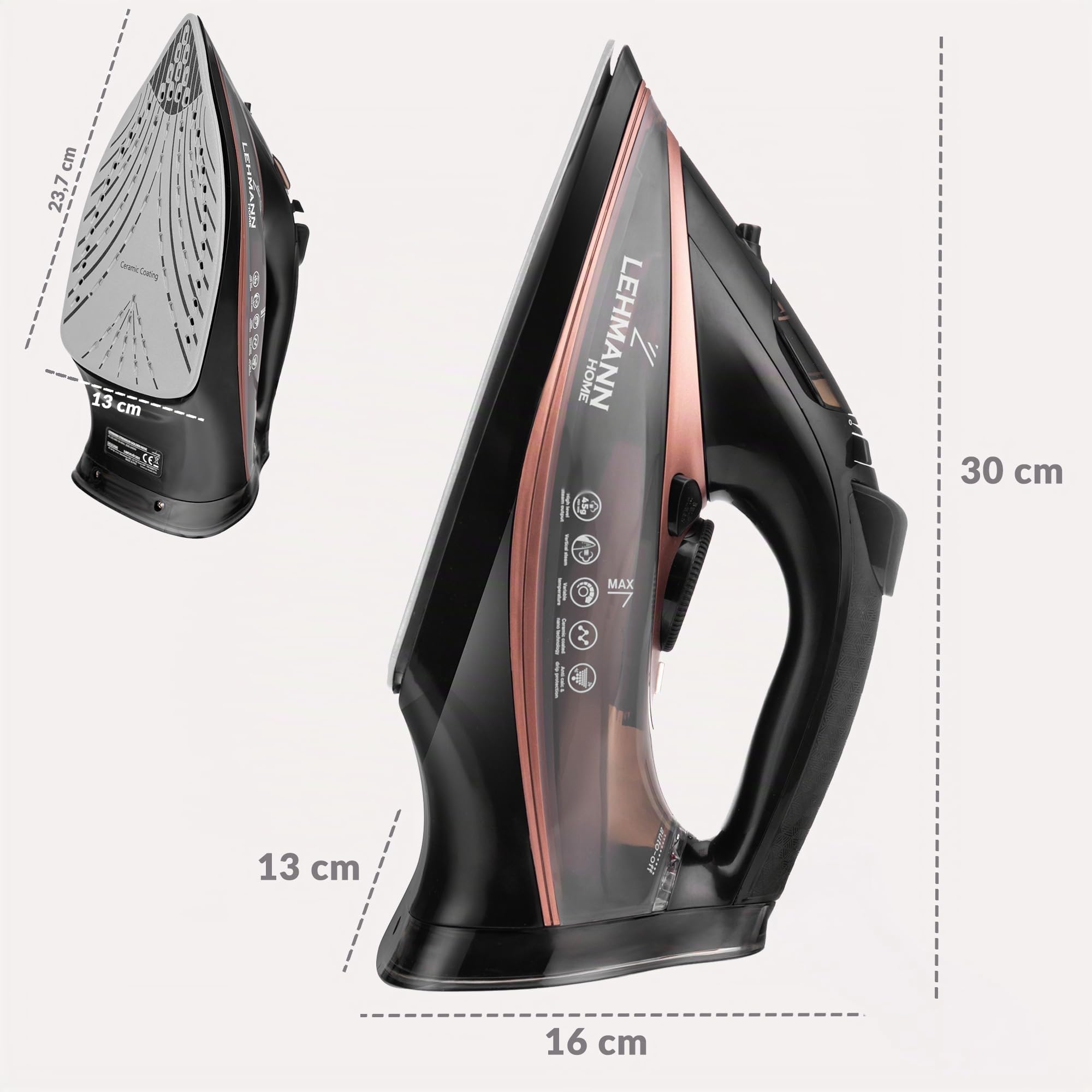 LEHMANN Ferro da Stiro a Vapore, 3000W, fino a 45 g/min Vapore Continuo & Colpo 140 g, Piastra in Ceramica, Funzione di Stiratura Verticale, Serbatoio 380 ml, Anticalcare, Leggero, Nero/Rosa Oro