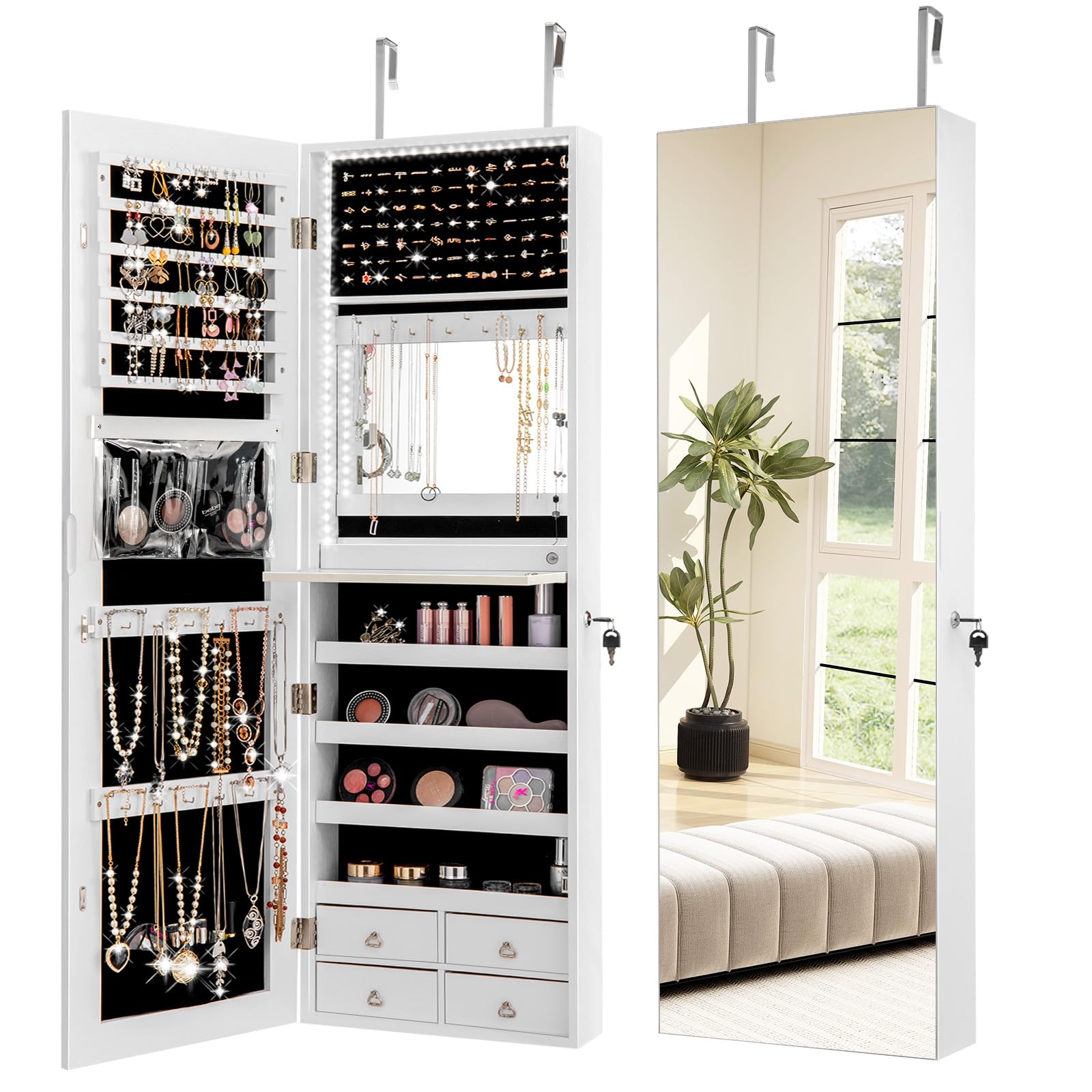 GOPLUS Schmuckschrank mit Spiegel, Spiegelschrank hängend mit LED-Beleuchtung, Wandschrank mit Innenspiegel, Ablagen & Schubladen, Wandmontage & Türmontage